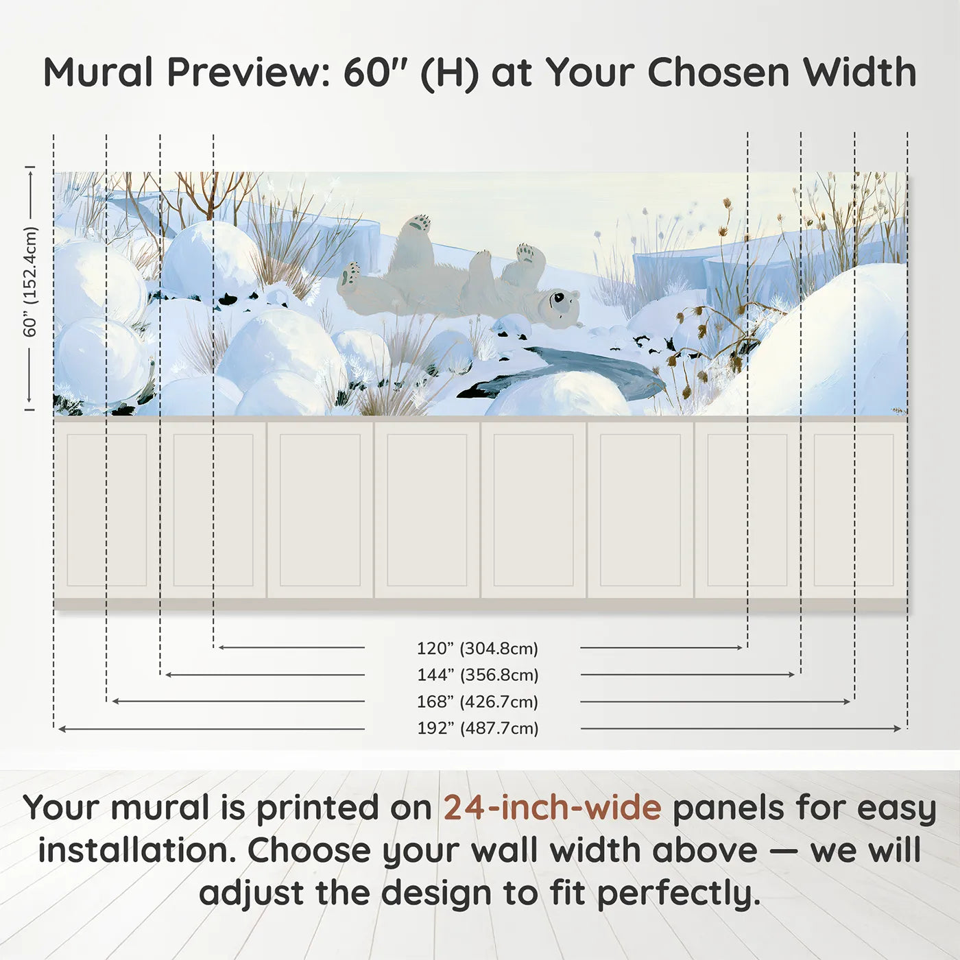 Panel dimensions for Painted Polar Bear Snow Roll Wainscoting Wallpaper by Whimsy Tots