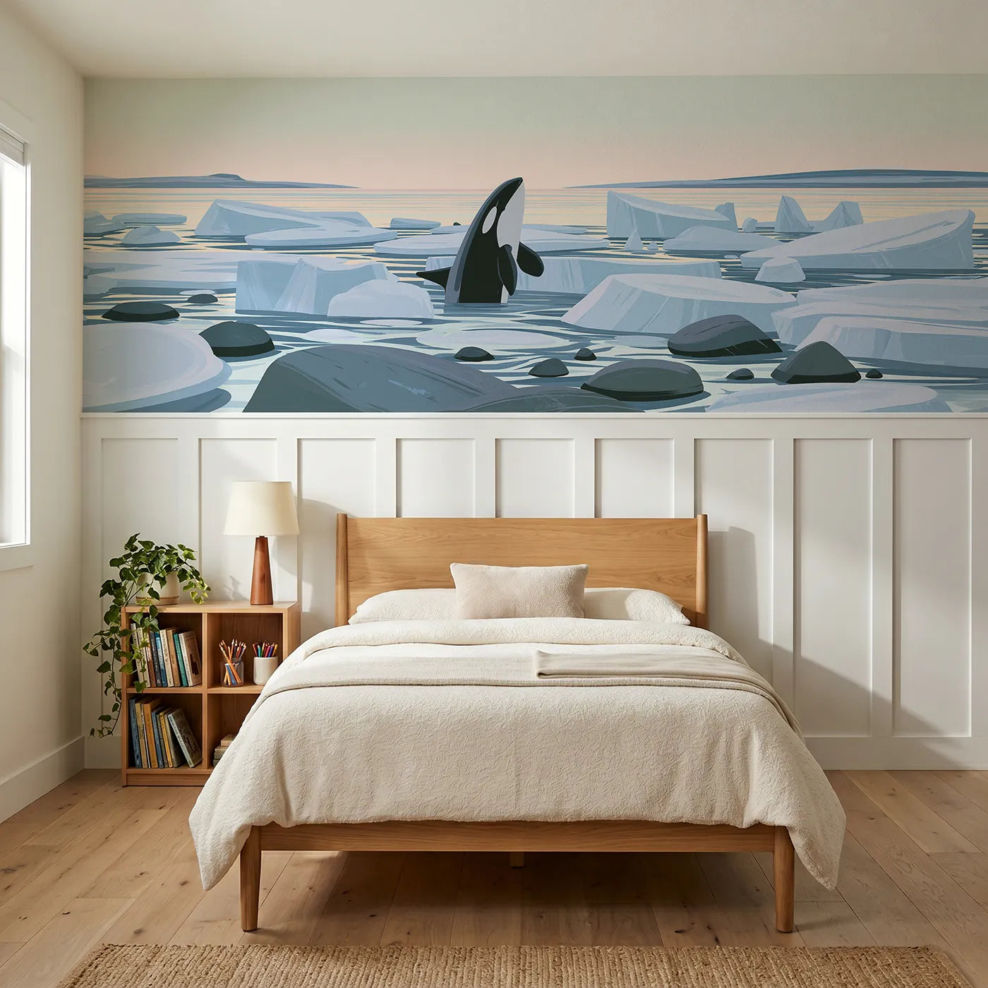 Modern illustration wainscoting wallpaper of an orca spy-hopping in ice by Whimsy Tots