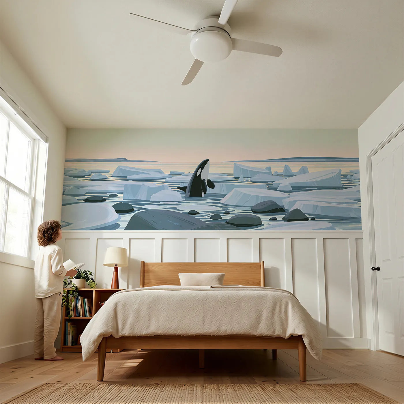 Child reading near Painted Orca Spy Hop Wainscoting Wallpaper by Whimsy Tots
