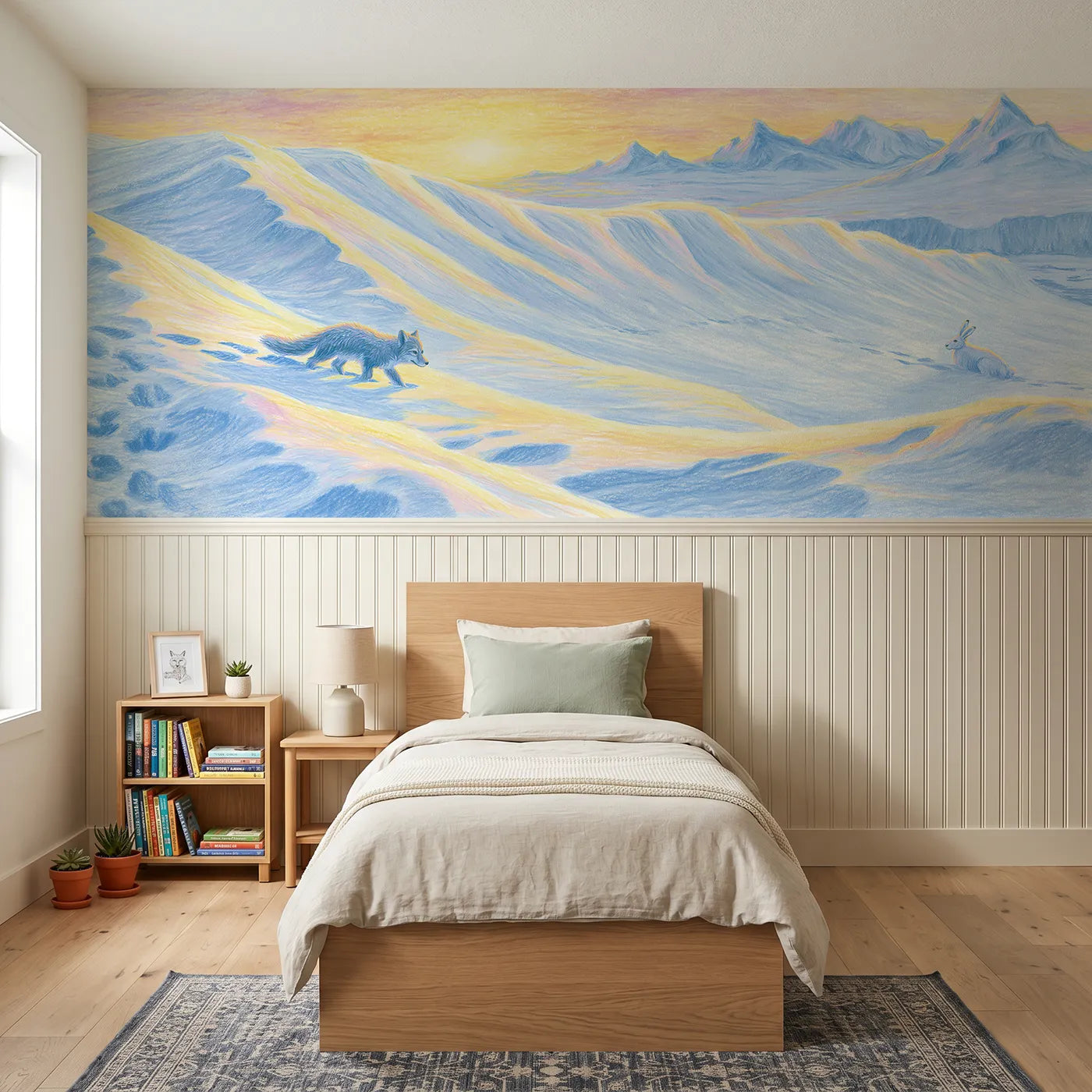 Colored pencil wainscoting mural of golden wind-carved snowfields by Whimsy Tots
