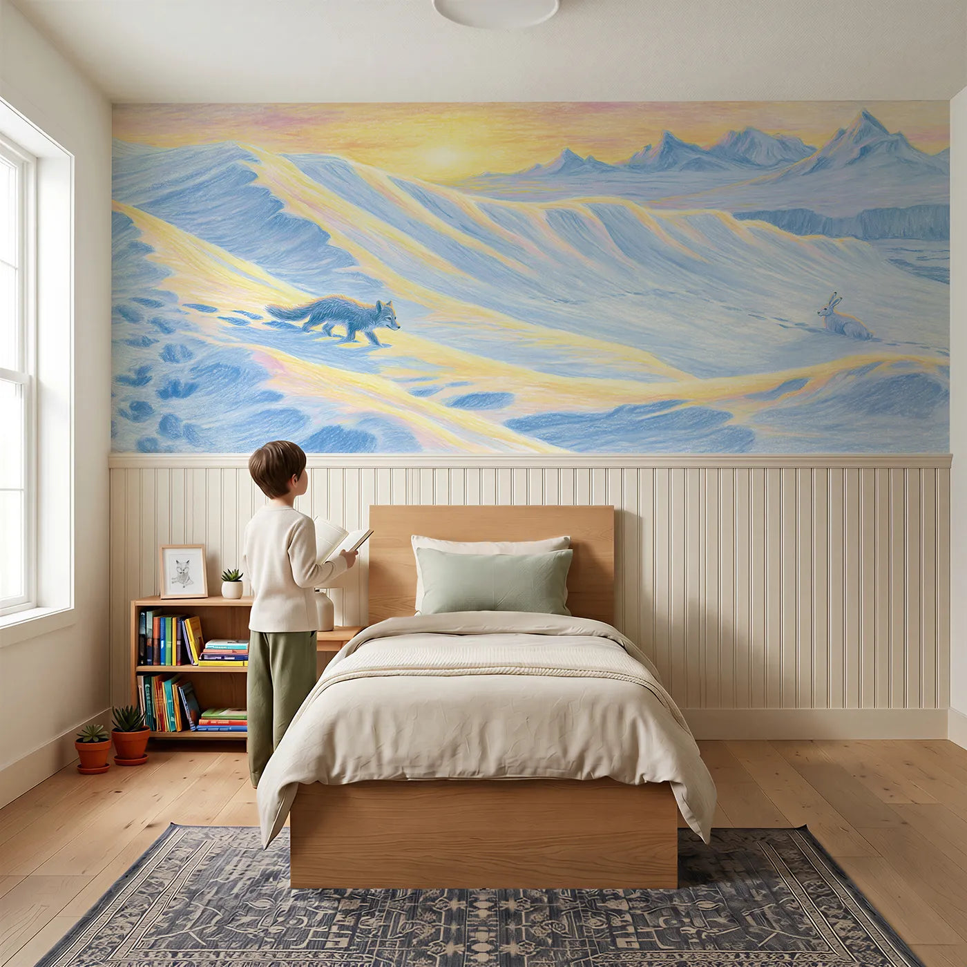 Child reading near Arctic Snowfields Morning Wainscoting Wallpaper by Whimsy Tots