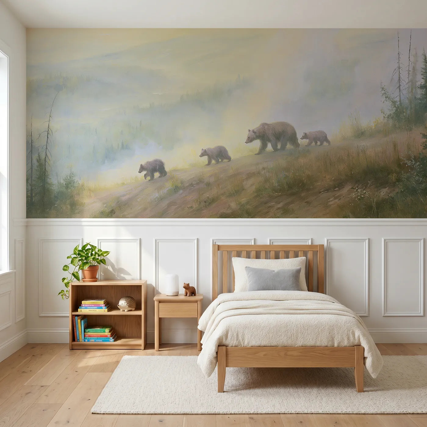 Watercolor wainscoting wallpaper of a bear family on a misty ridge by Whimsy Tots