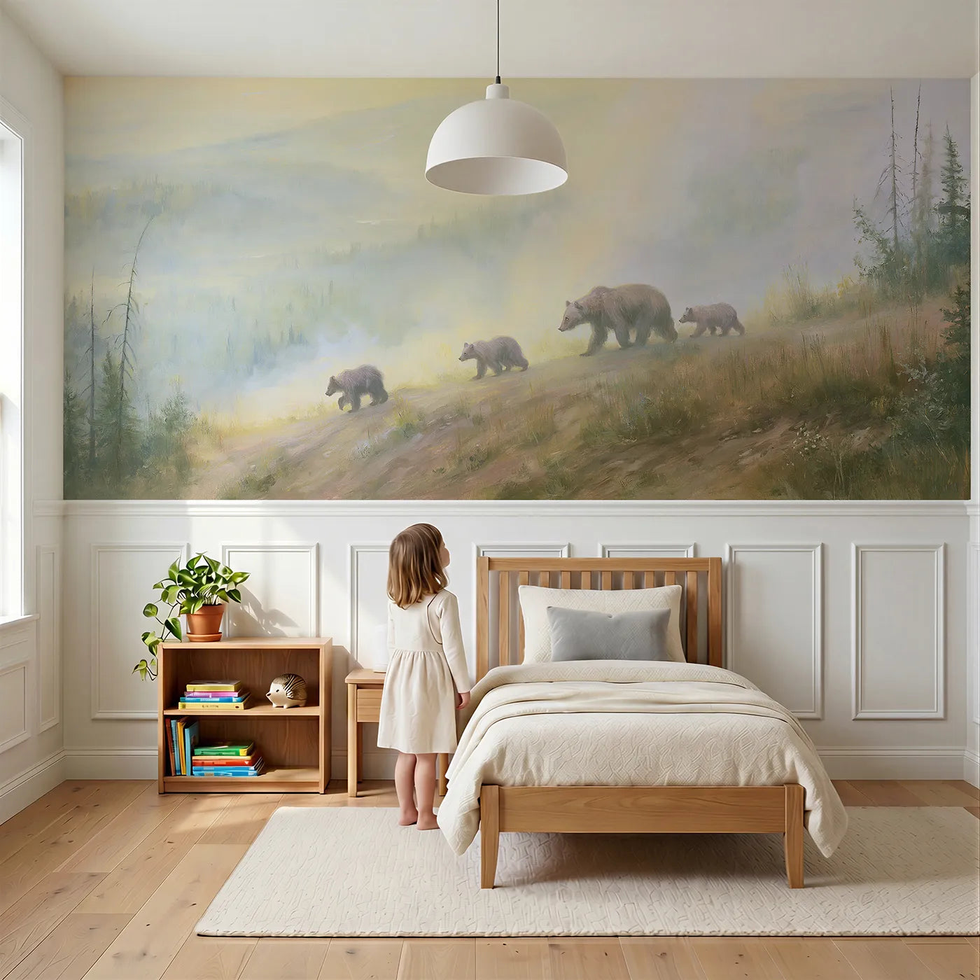 Child reading near Bear Family Misty Ridge Walk Wainscoting Wallpaper by Whimsy Tots