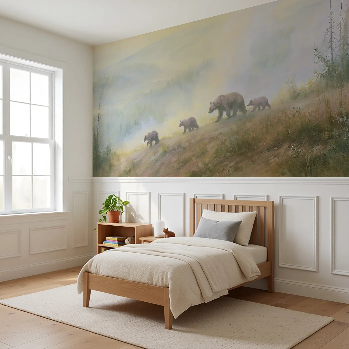 Bear Family Misty Ridge Walk Wainscoting Wallpaper styled in a kids room by Whimsy Tots