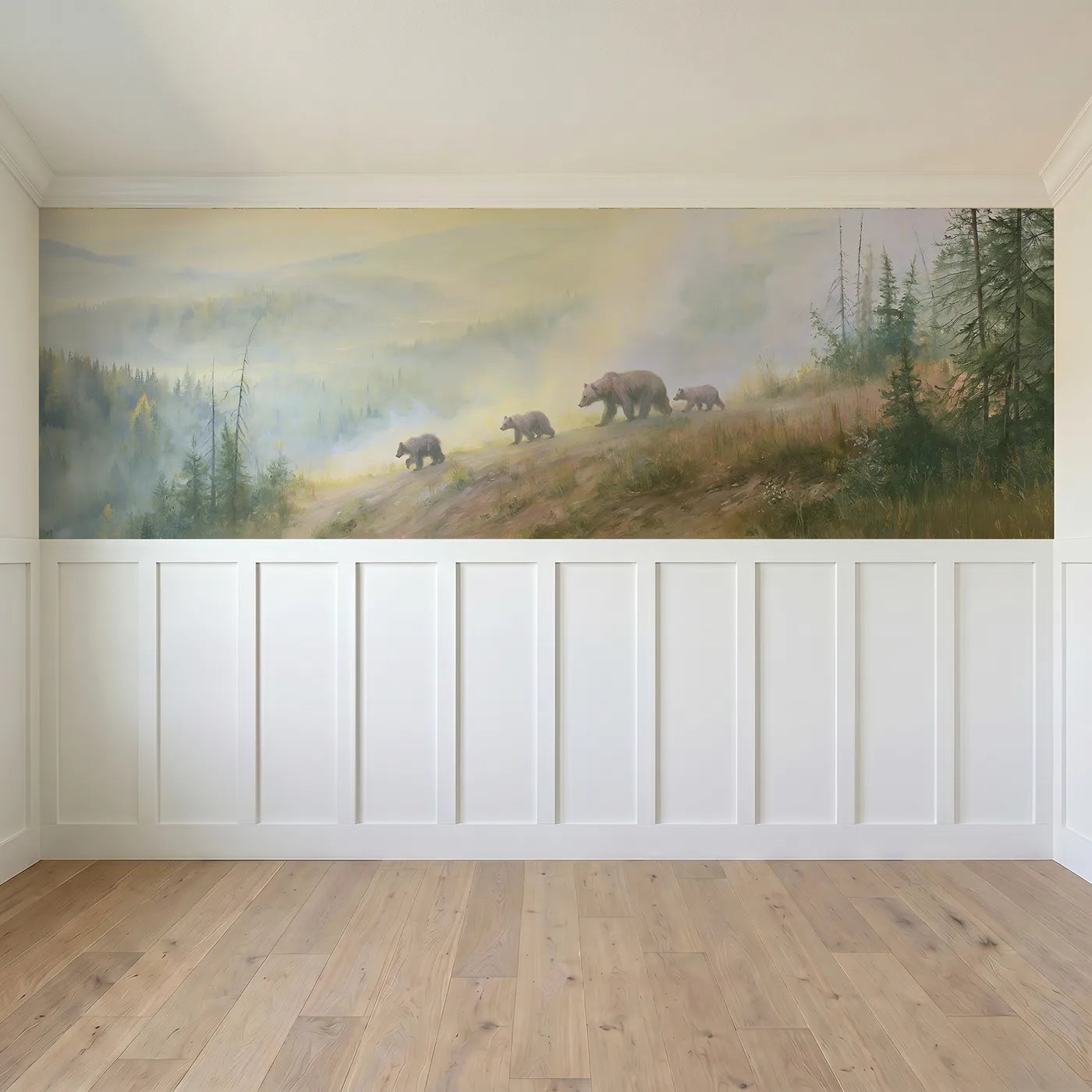 Full panel view of Bear Family Misty Ridge Walk Wainscoting Wallpaper by Whimsy Tots