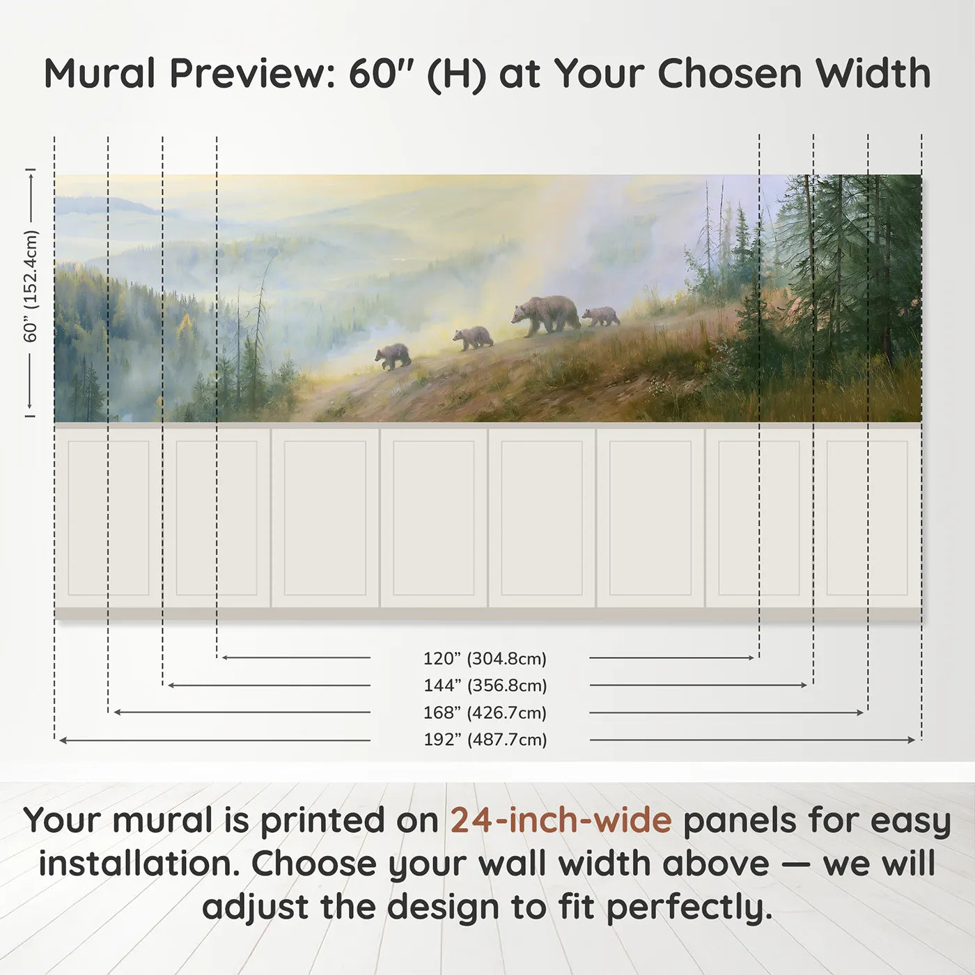 Panel dimensions for Bear Family Misty Ridge Walk Wainscoting Wallpaper by Whimsy Tots