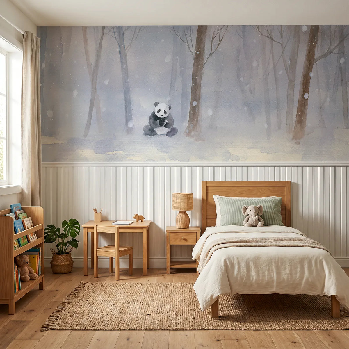 Watercolor wainscoting wallpaper of a panda sitting in winter snow by Whimsy Tots