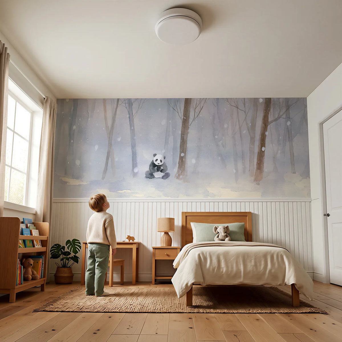 Child reading near Panda Winter Grove Sit Wainscoting Wallpaper by Whimsy Tots