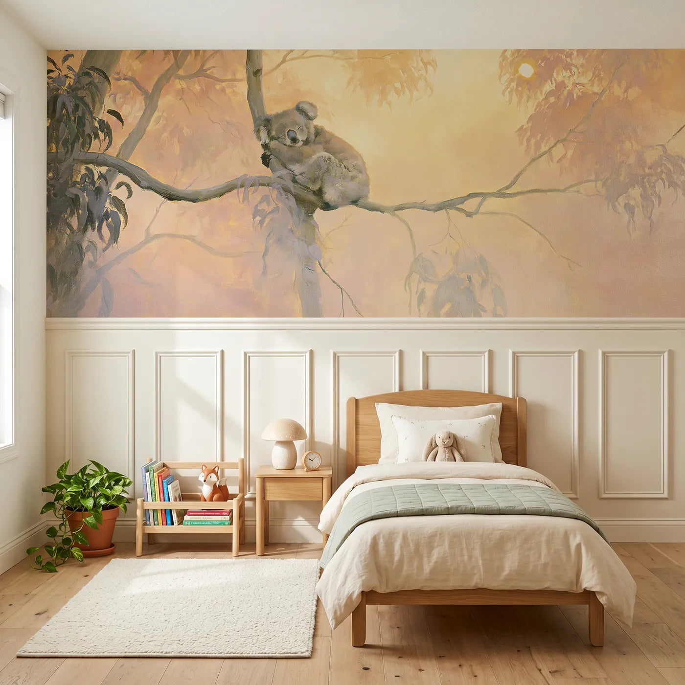 Watercolor wainscoting wallpaper of a koala dozing in a high fork by Whimsy Tots
