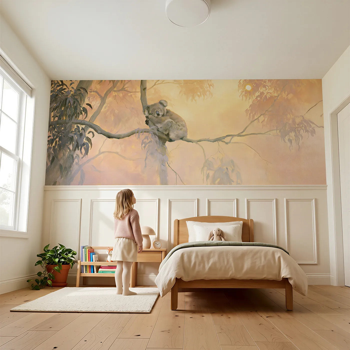 Child reading near Koala Dawn High Branch Wainscoting Wallpaper by Whimsy Tots