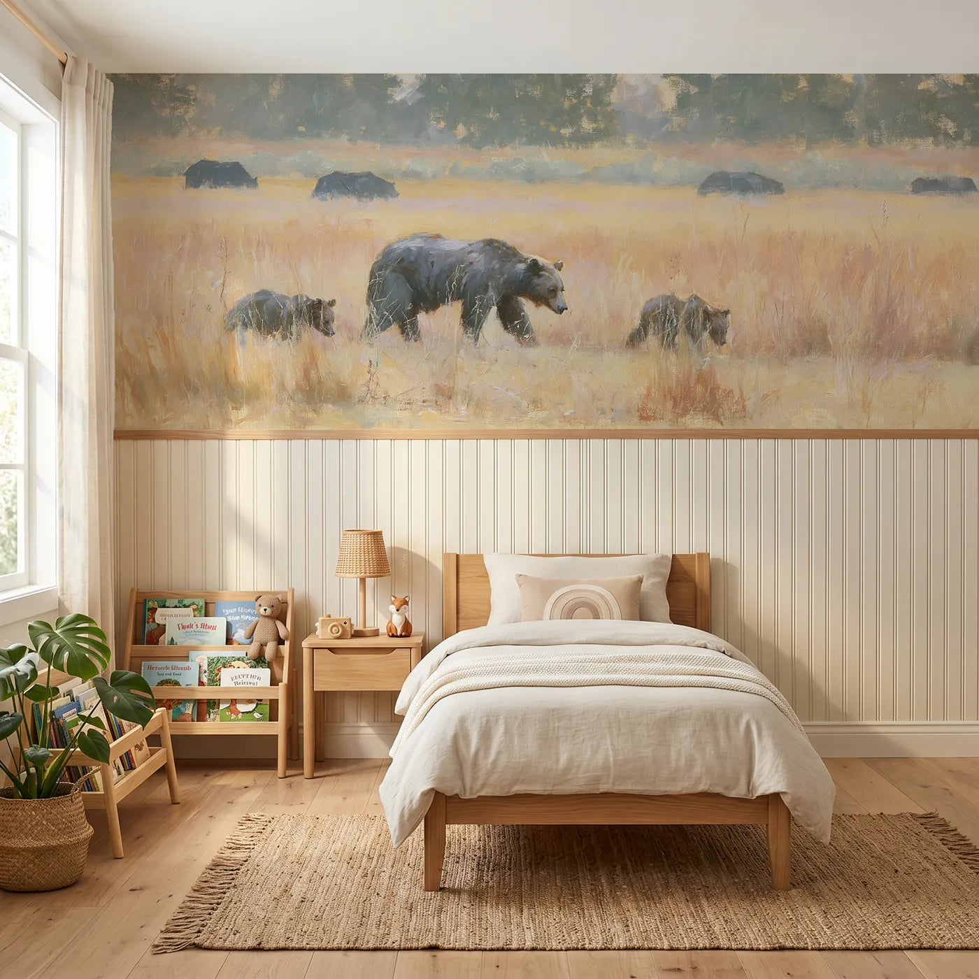 Watercolor wainscoting wallpaper of bears grazing an evening meadow by Whimsy Tots