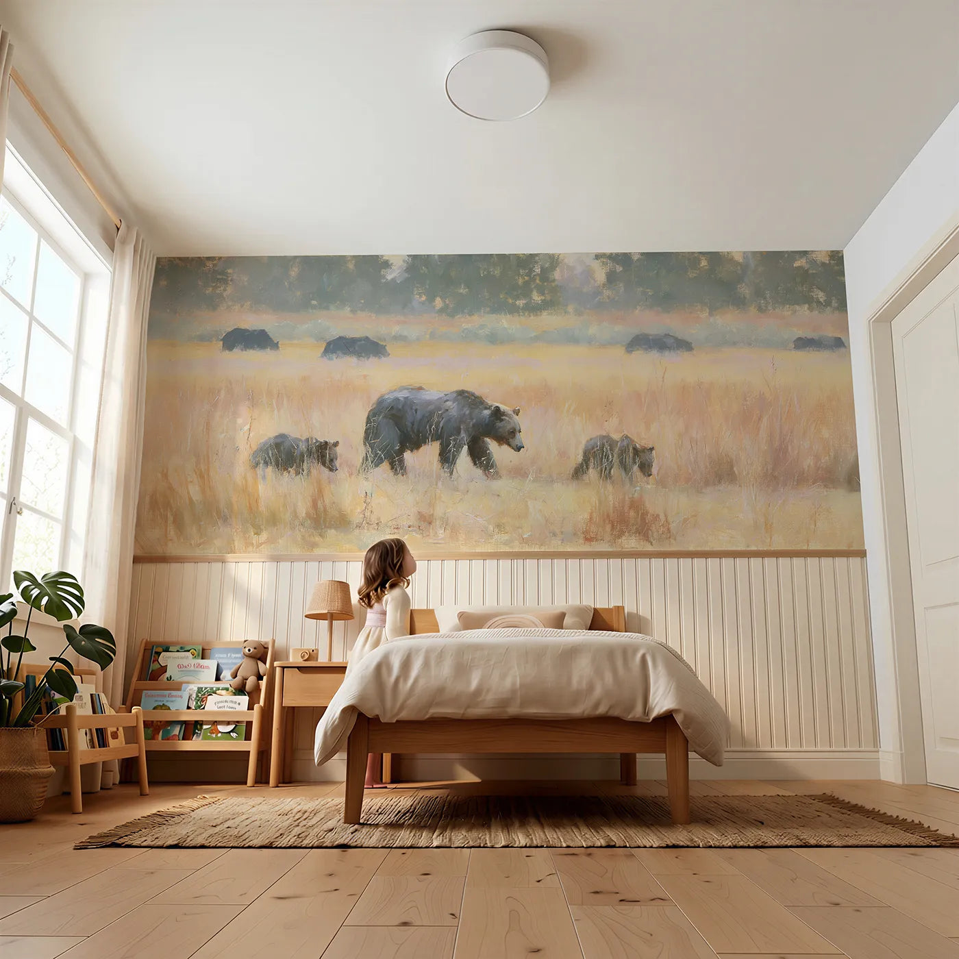 Child reading near Bear Trio Meadow Evening Wainscoting Wallpaper by Whimsy Tots
