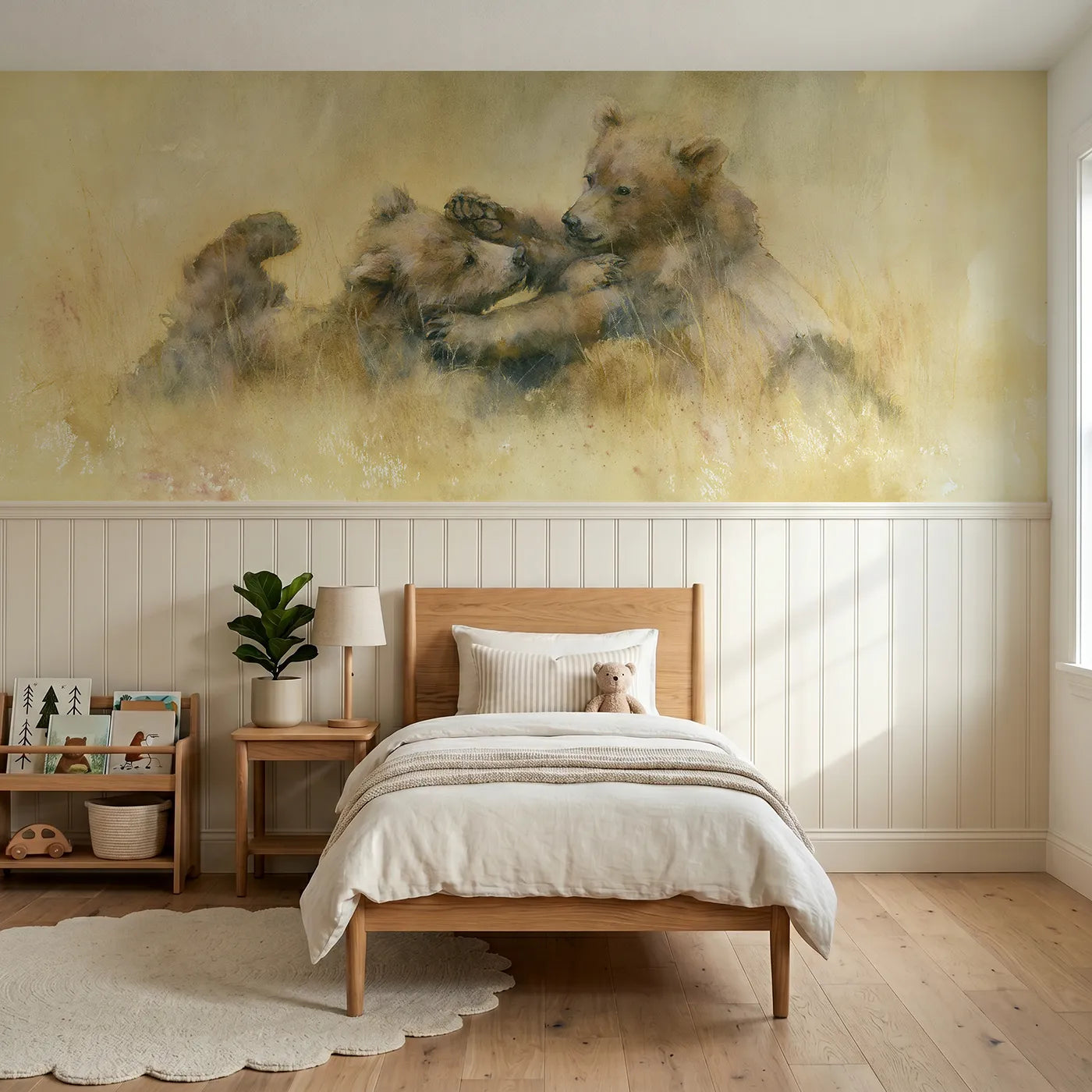 Watercolor wainscoting wallpaper of bear cubs wrestling at evening by Whimsy Tots
