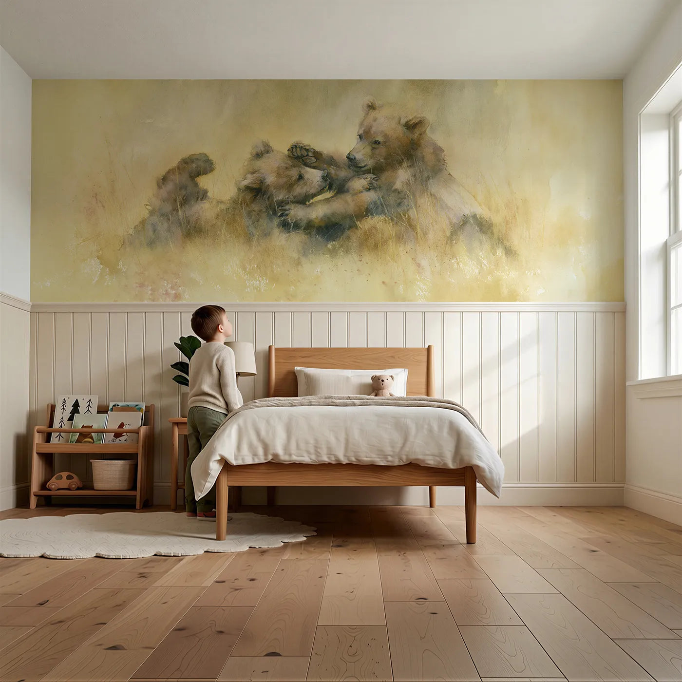 Child reading near Bear Cubs Evening Wrestle Wainscoting Wallpaper by Whimsy Tots