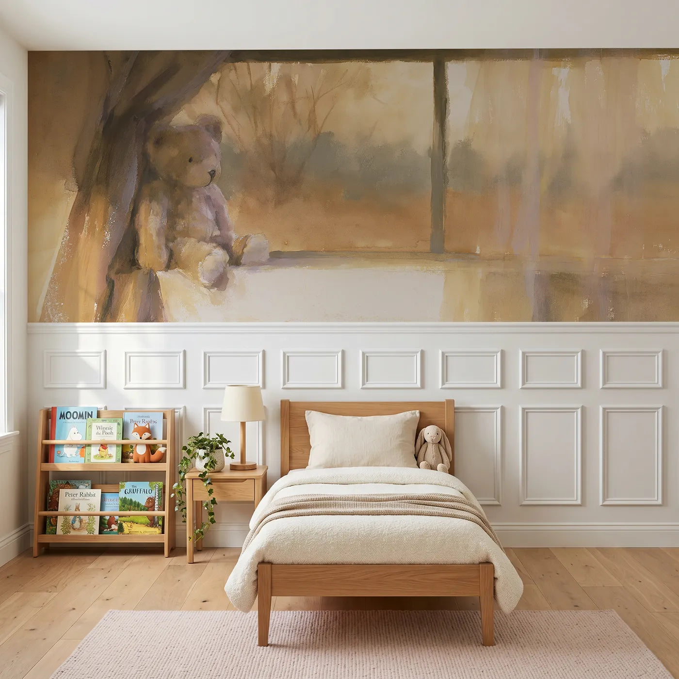 Watercolor wainscoting wallpaper of a teddy bear on a sunny windowsill by Whimsy Tots