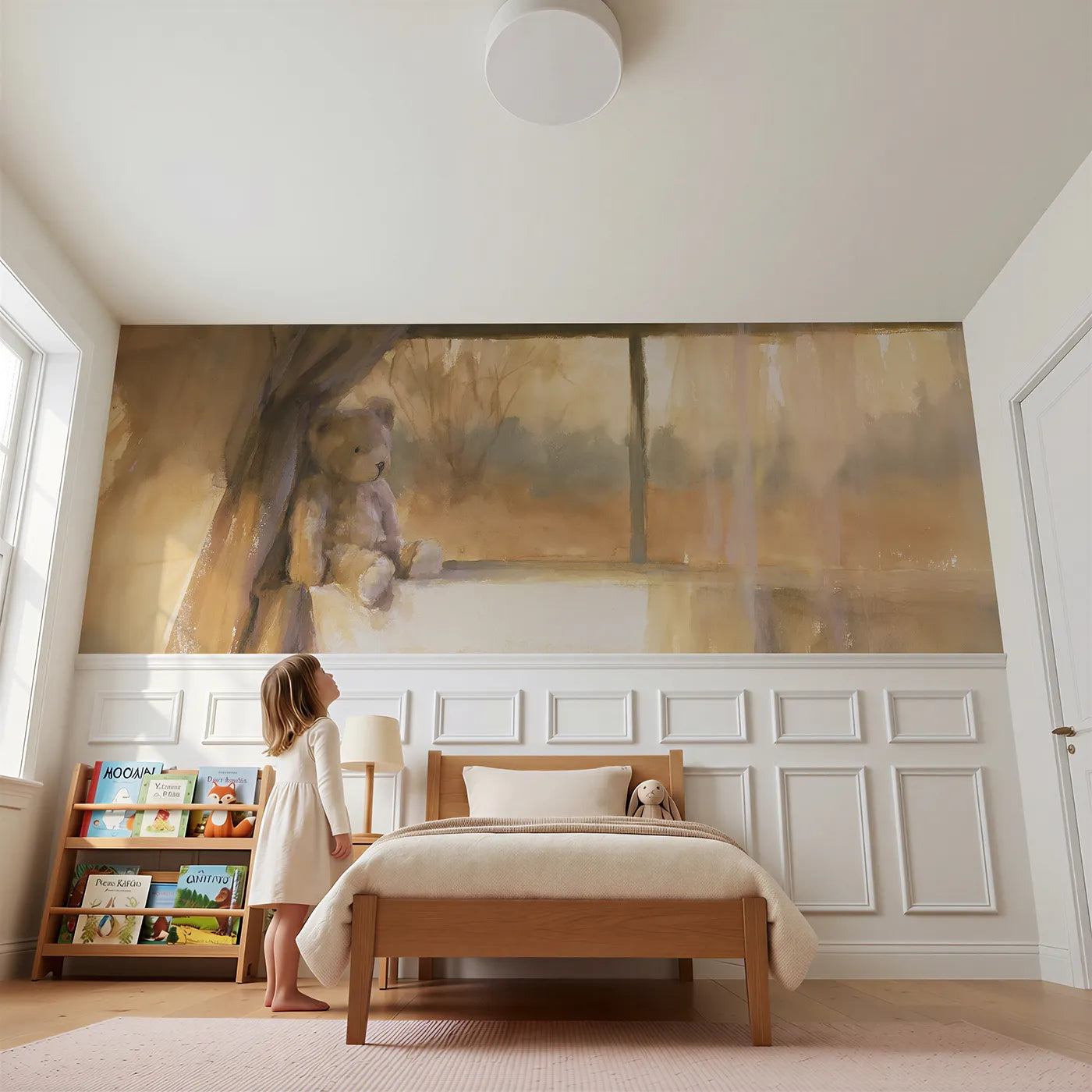 Child reading near Teddy Windowsill Morning Light Wainscoting Wallpaper by Whimsy Tots