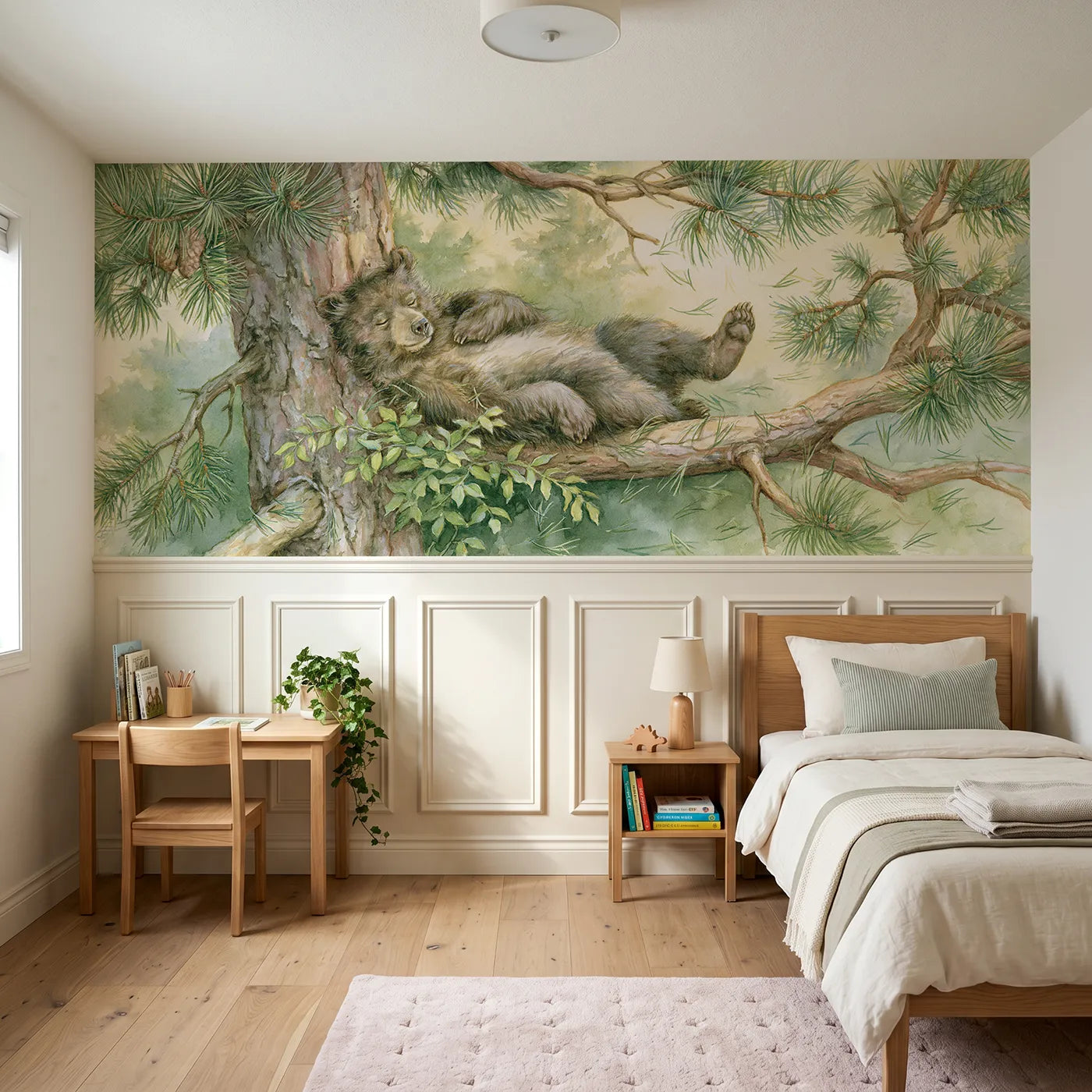 Storybook wainscoting wallpaper of a bear scratching its back on a pine by Whimsy Tots