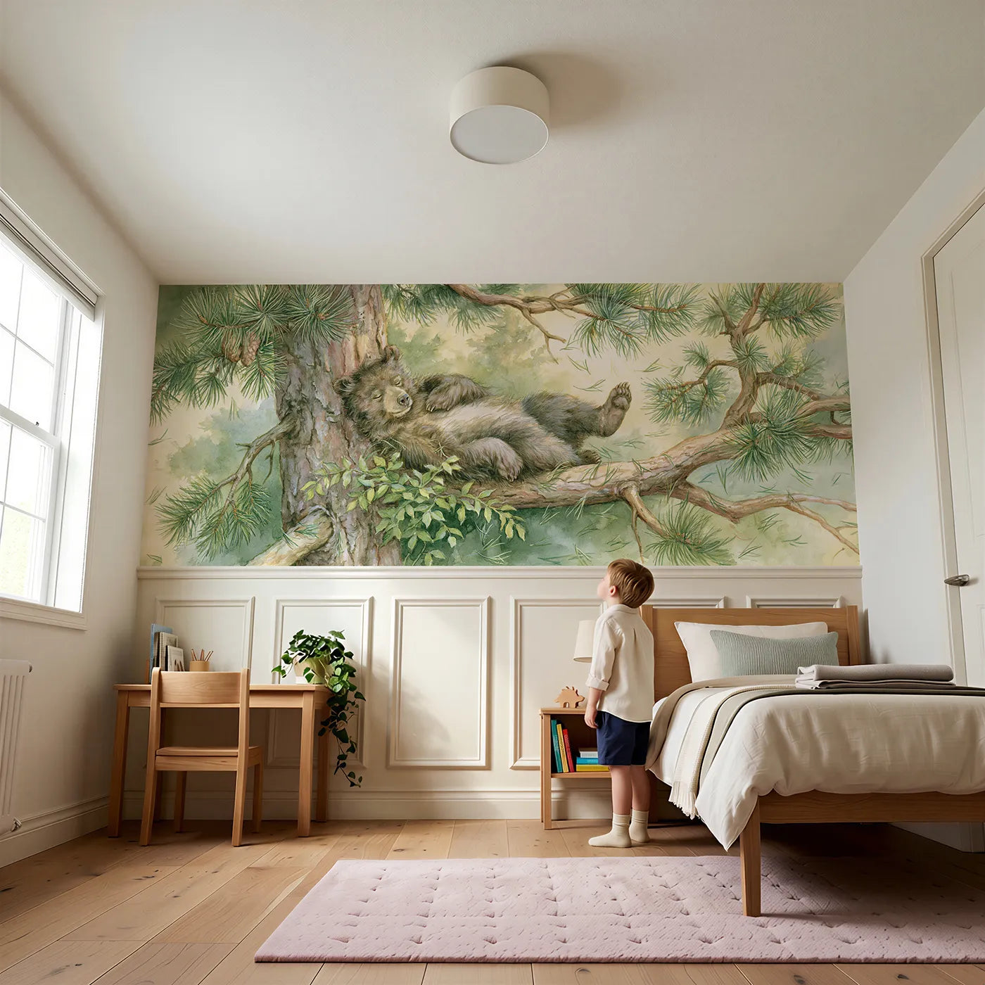Child reading near Bear Big Tree Back Scratch Wainscoting Wallpaper by Whimsy Tots