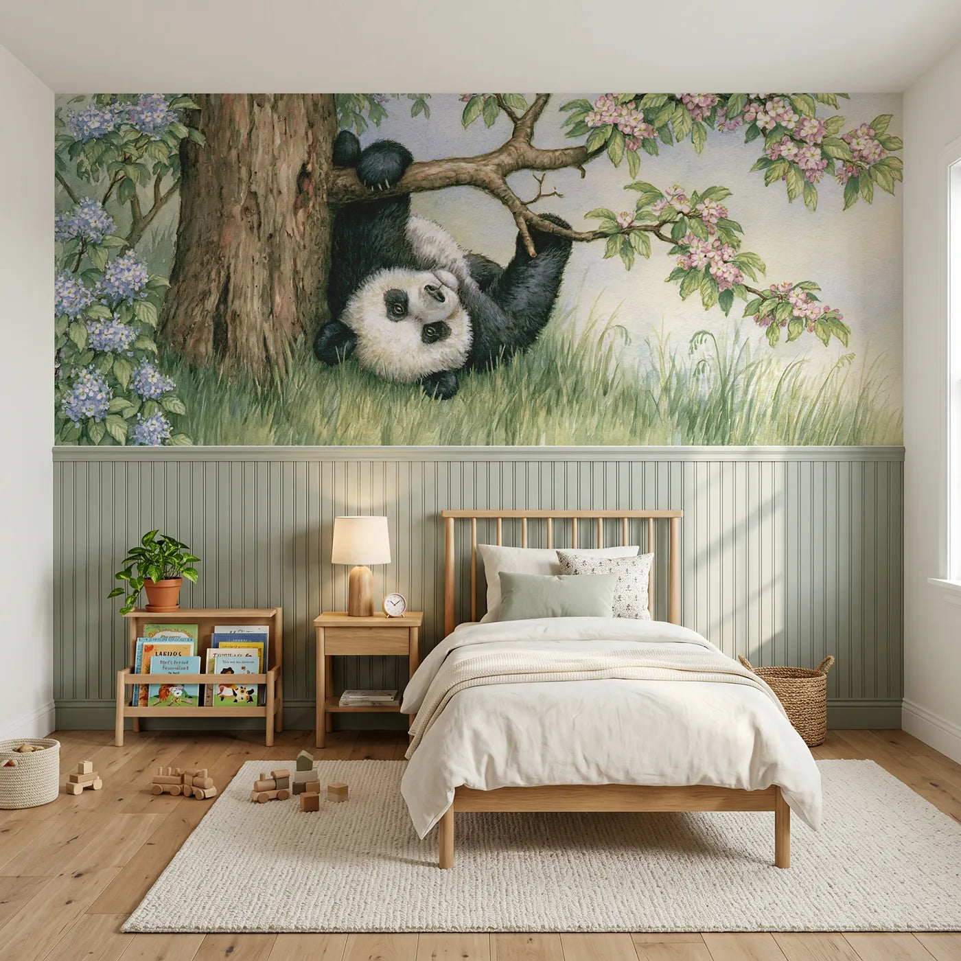 Storybook wainscoting wallpaper of a panda doing a tree handstand by Whimsy Tots