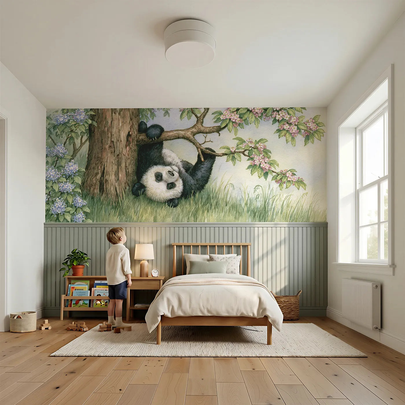 Child reading near Panda Tree Handstand Wainscoting Wallpaper by Whimsy Tots