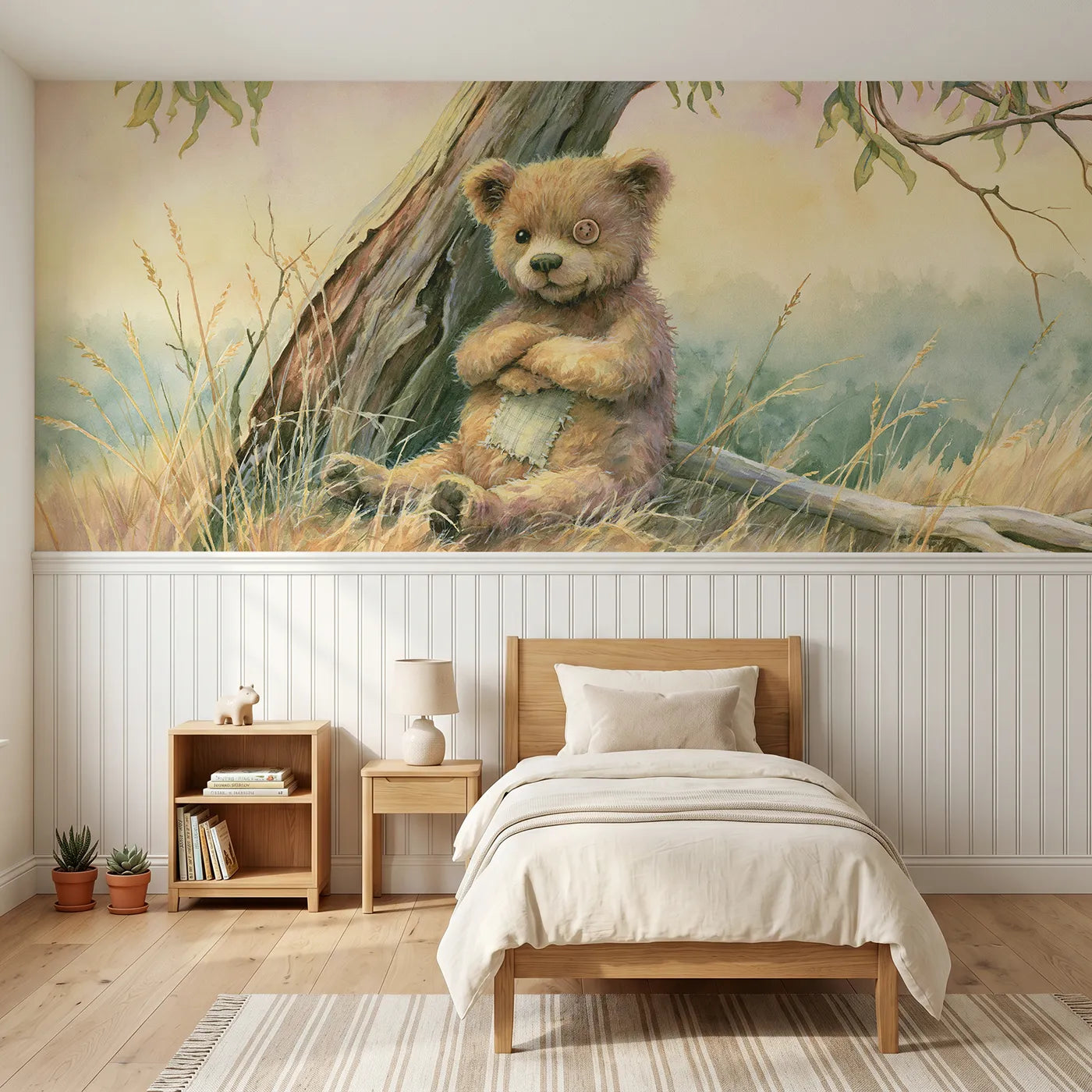 Storybook wainscoting wallpaper of a well-loved patched teddy bear by Whimsy Tots