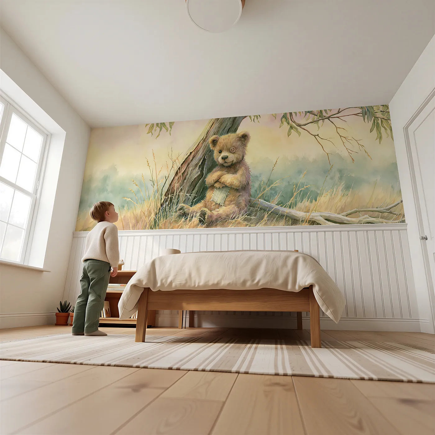 Child reading near Teddy Button Eye Patch Love Wainscoting Wallpaper by Whimsy Tots