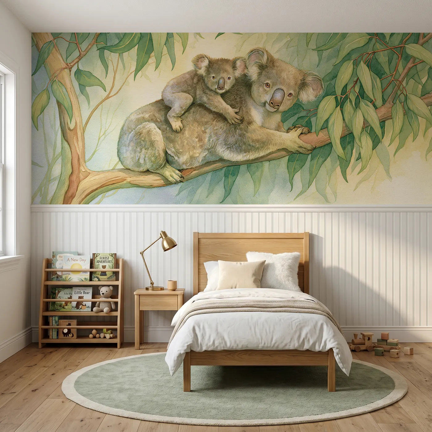 Storybook wainscoting wallpaper of a koala joey riding piggyback by Whimsy Tots