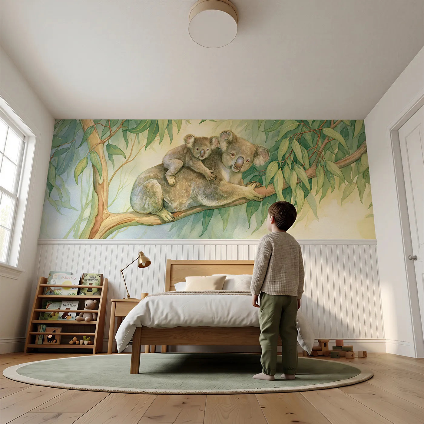 Child reading near Koala Joey Back Ride Wainscoting Wallpaper by Whimsy Tots