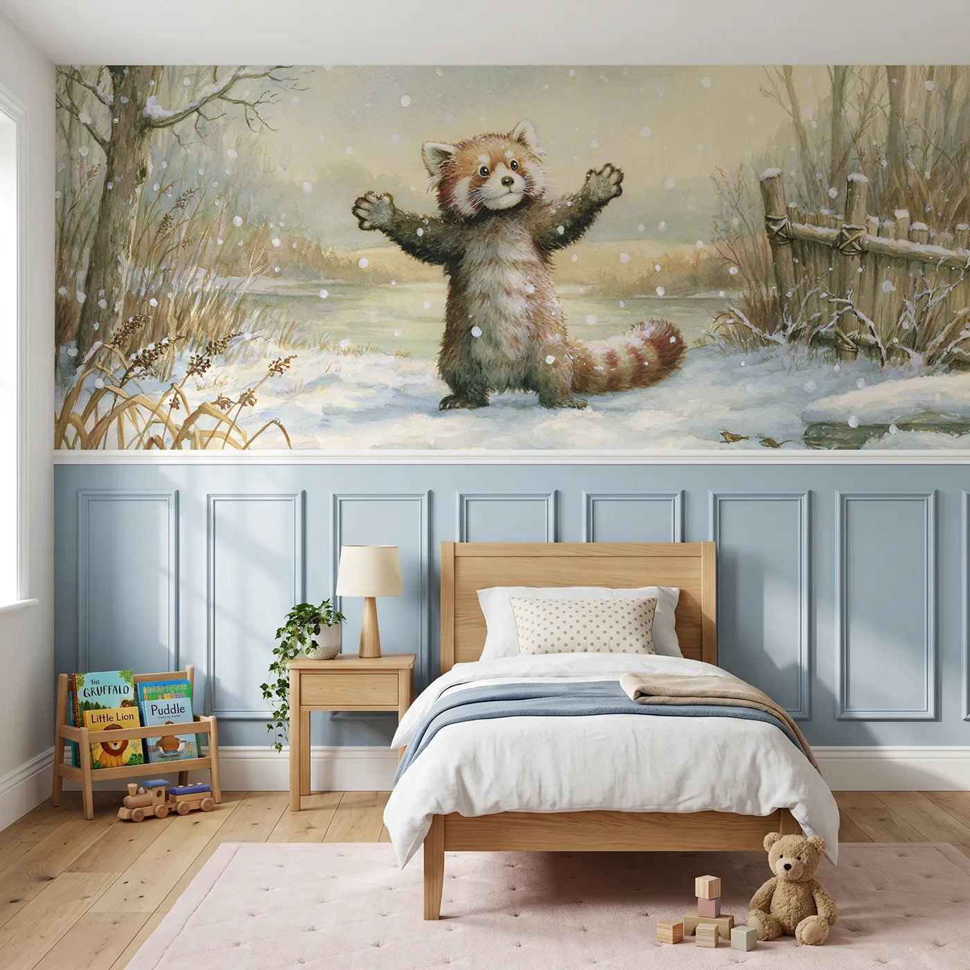 Storybook wainscoting wallpaper of a red panda startled by snow by Whimsy Tots