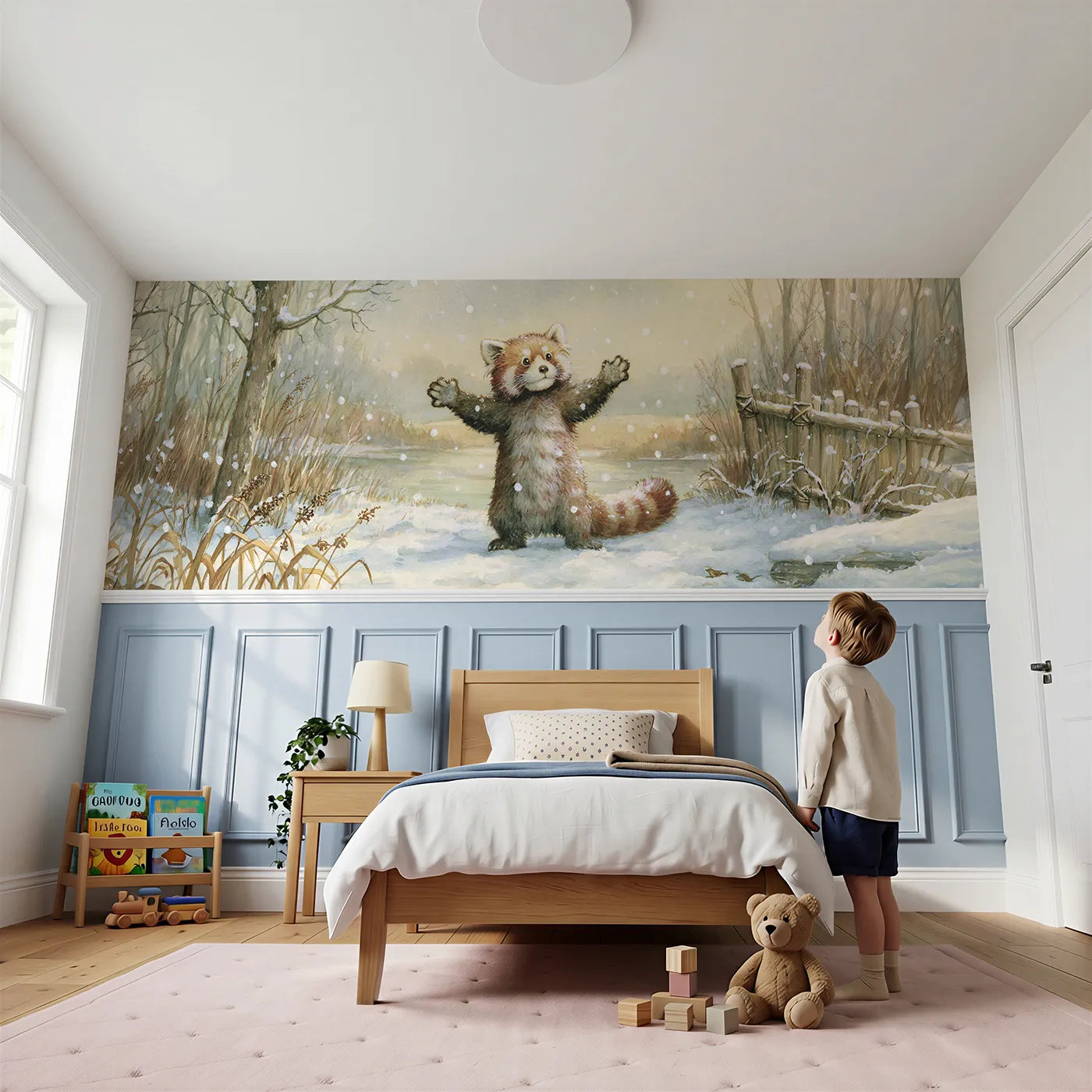 Child reading near Red Panda Snow Surprise Stand Wainscoting Wallpaper by Whimsy Tots