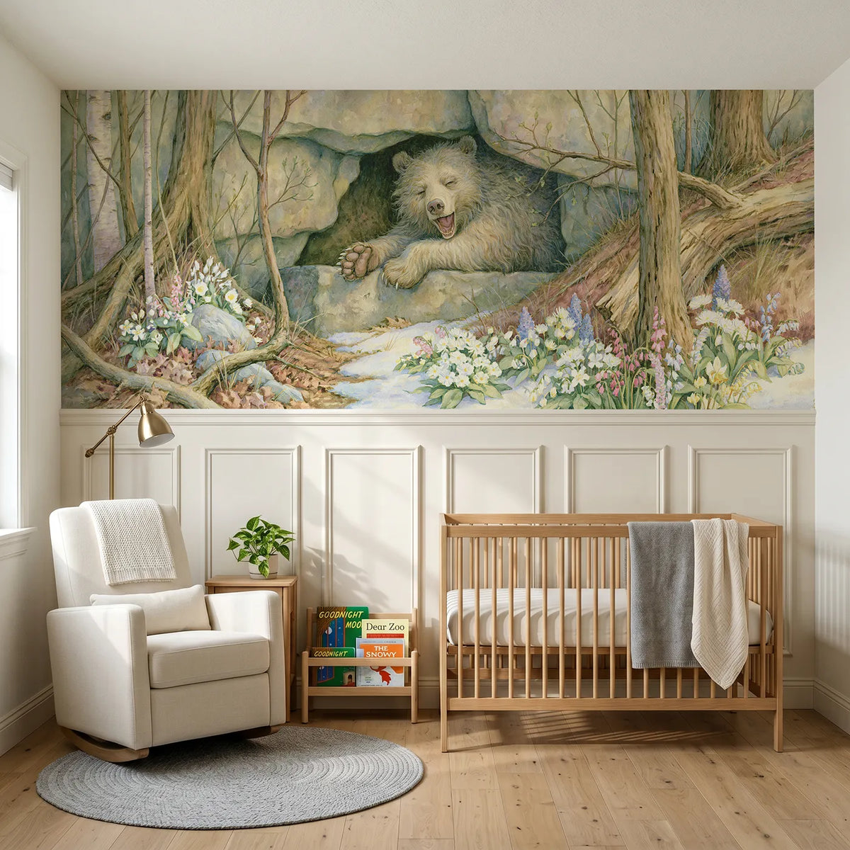 Storybook wainscoting wallpaper of a bear yawning at its den mouth by Whimsy Tots