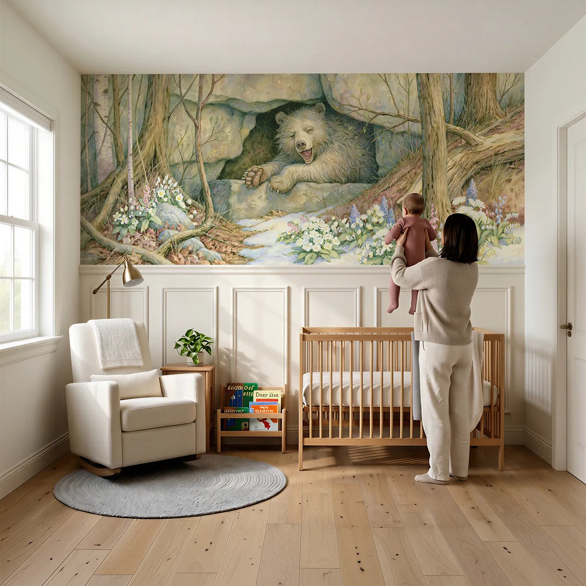 Child reading near Bear Spring Wake Yawn Wainscoting Wallpaper by Whimsy Tots