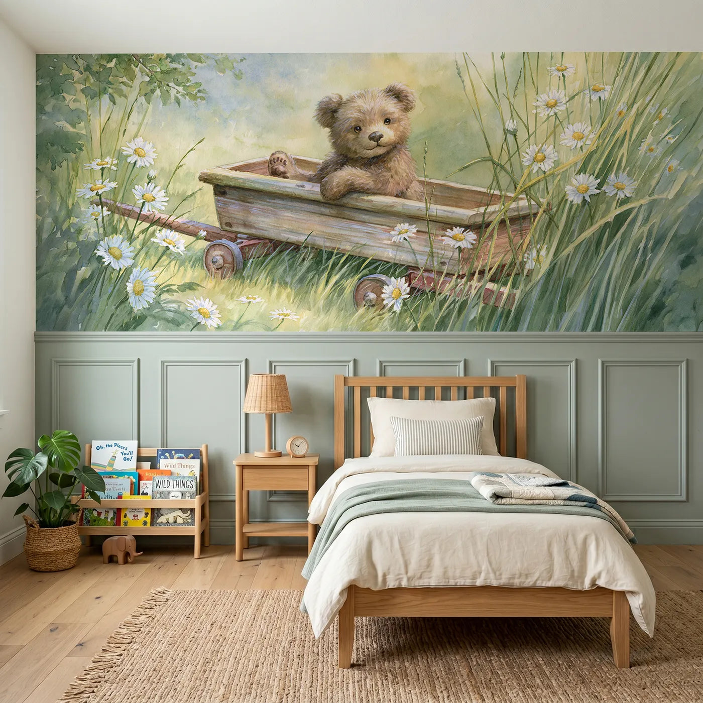 Storybook wainscoting wallpaper of a teddy bear in a garden wagon by Whimsy Tots