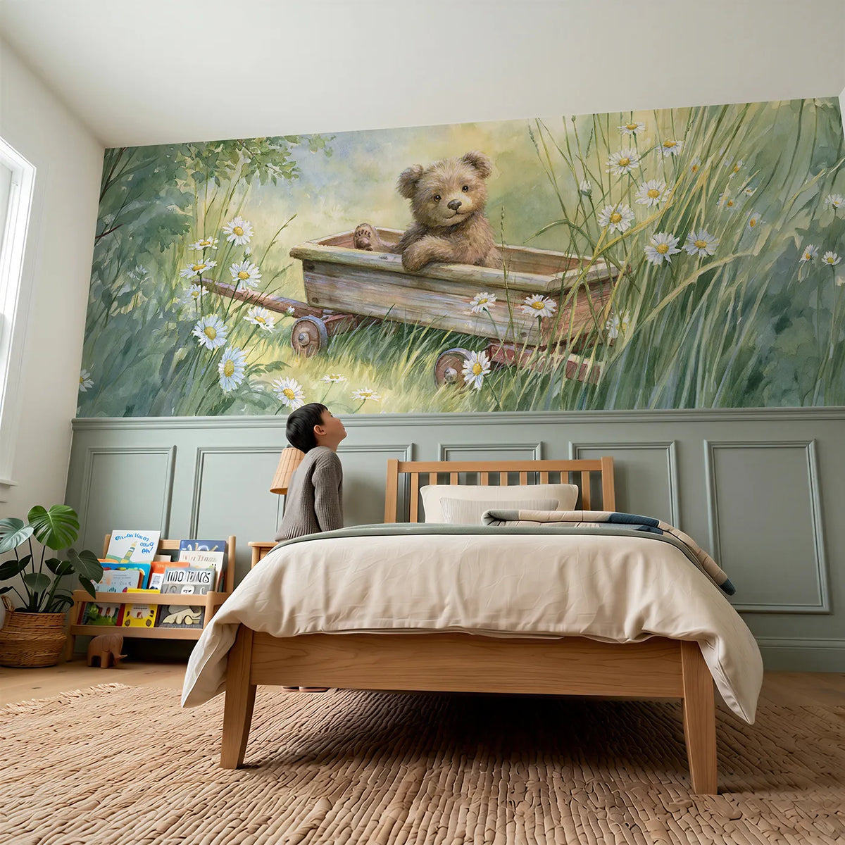 Child reading near Teddy Wagon Garden Ride Wainscoting Wallpaper by Whimsy Tots
