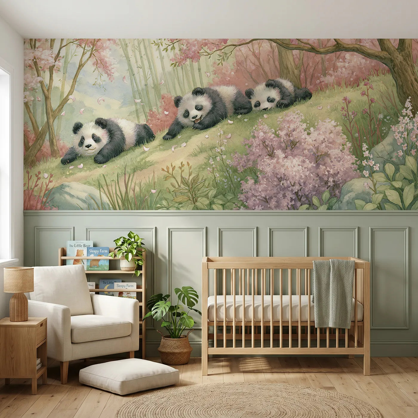 Storybook wainscoting wallpaper of panda cubs rolling downhill in a line by Whimsy Tots
