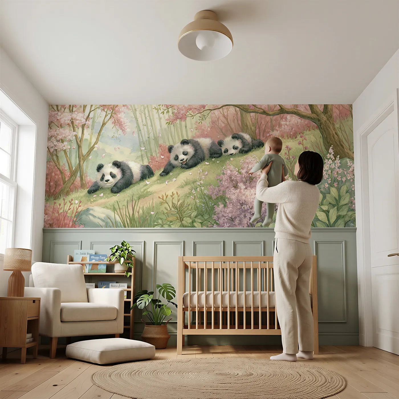 Child reading near Panda Cubs Tumble Train Wainscoting Wallpaper by Whimsy Tots
