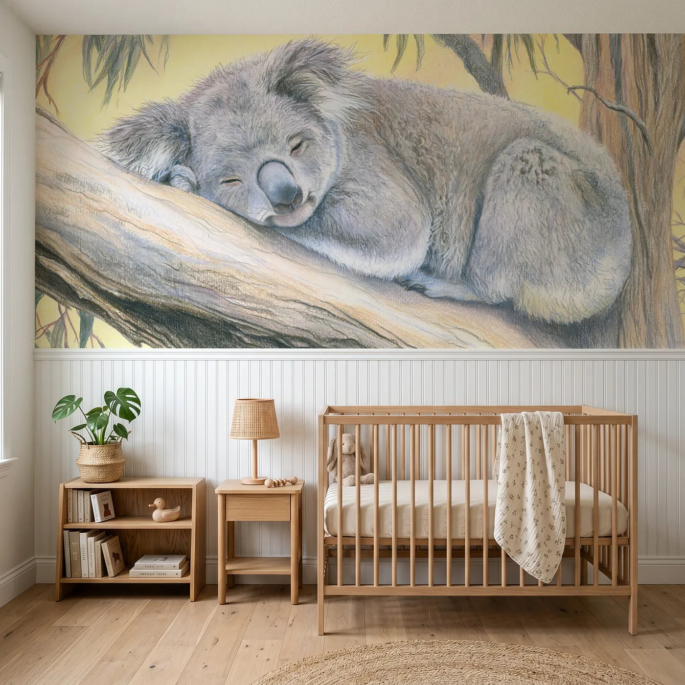 Colored pencil wainscoting wallpaper of a koala mid slow blink by Whimsy Tots
