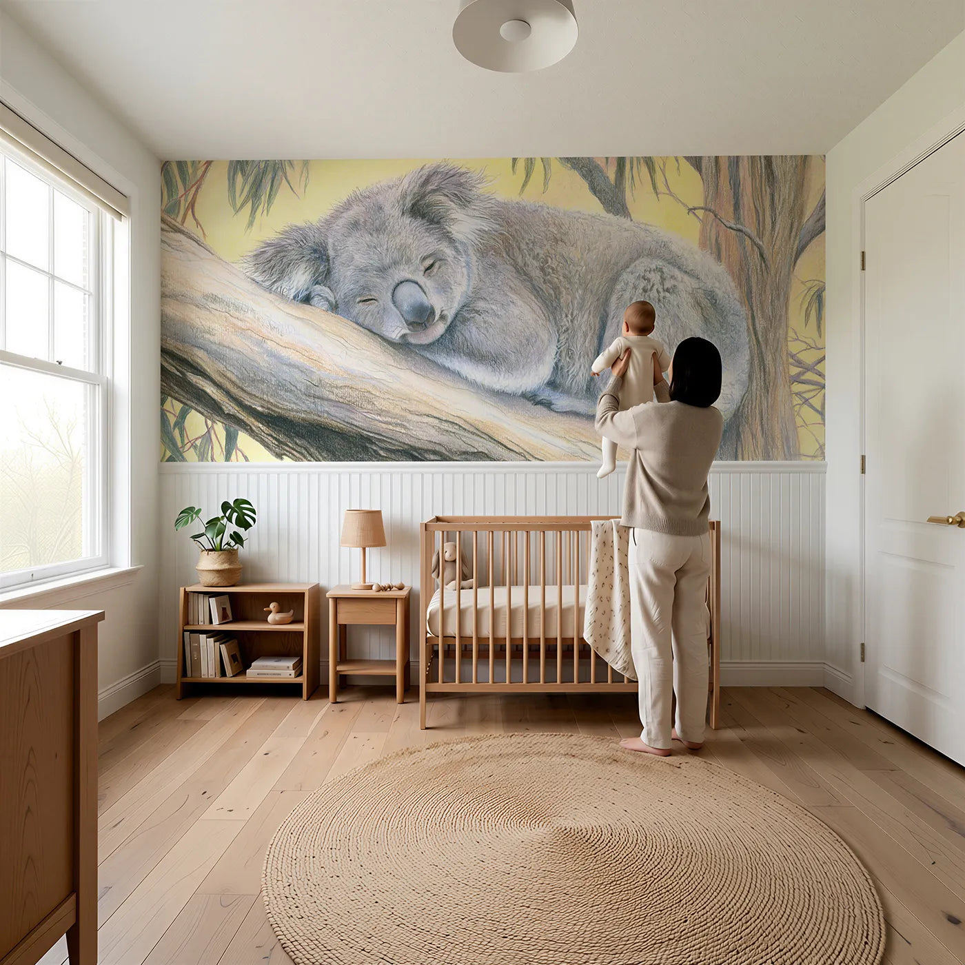 Child reading near Koala Slow Blink Morning Wainscoting Wallpaper by Whimsy Tots