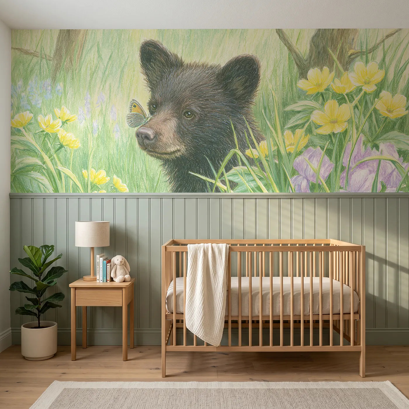 Colored pencil wainscoting wallpaper of a butterfly on a bear cub nose by Whimsy Tots