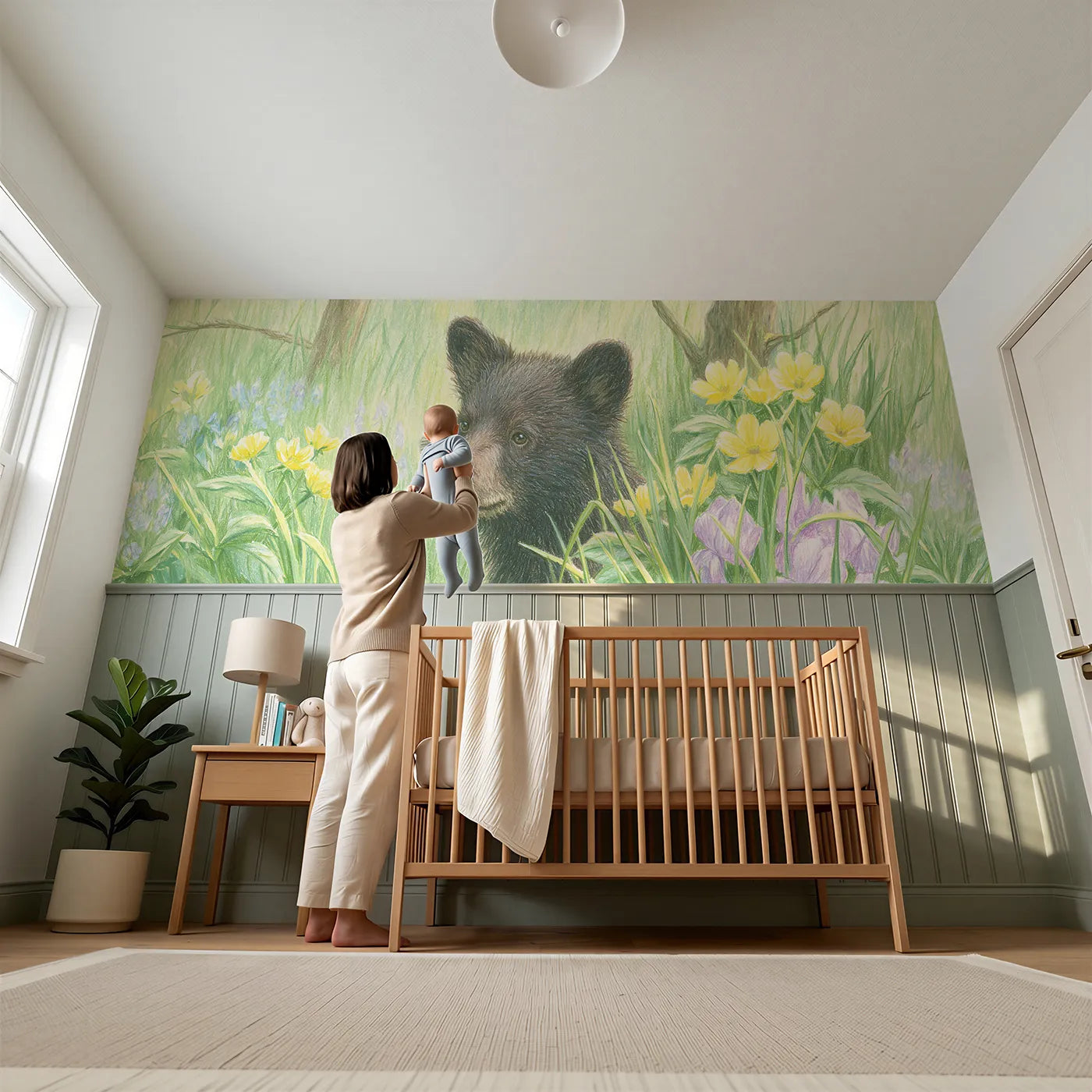 Child reading near Bear Cub Butterfly Nose Wainscoting Wallpaper by Whimsy Tots