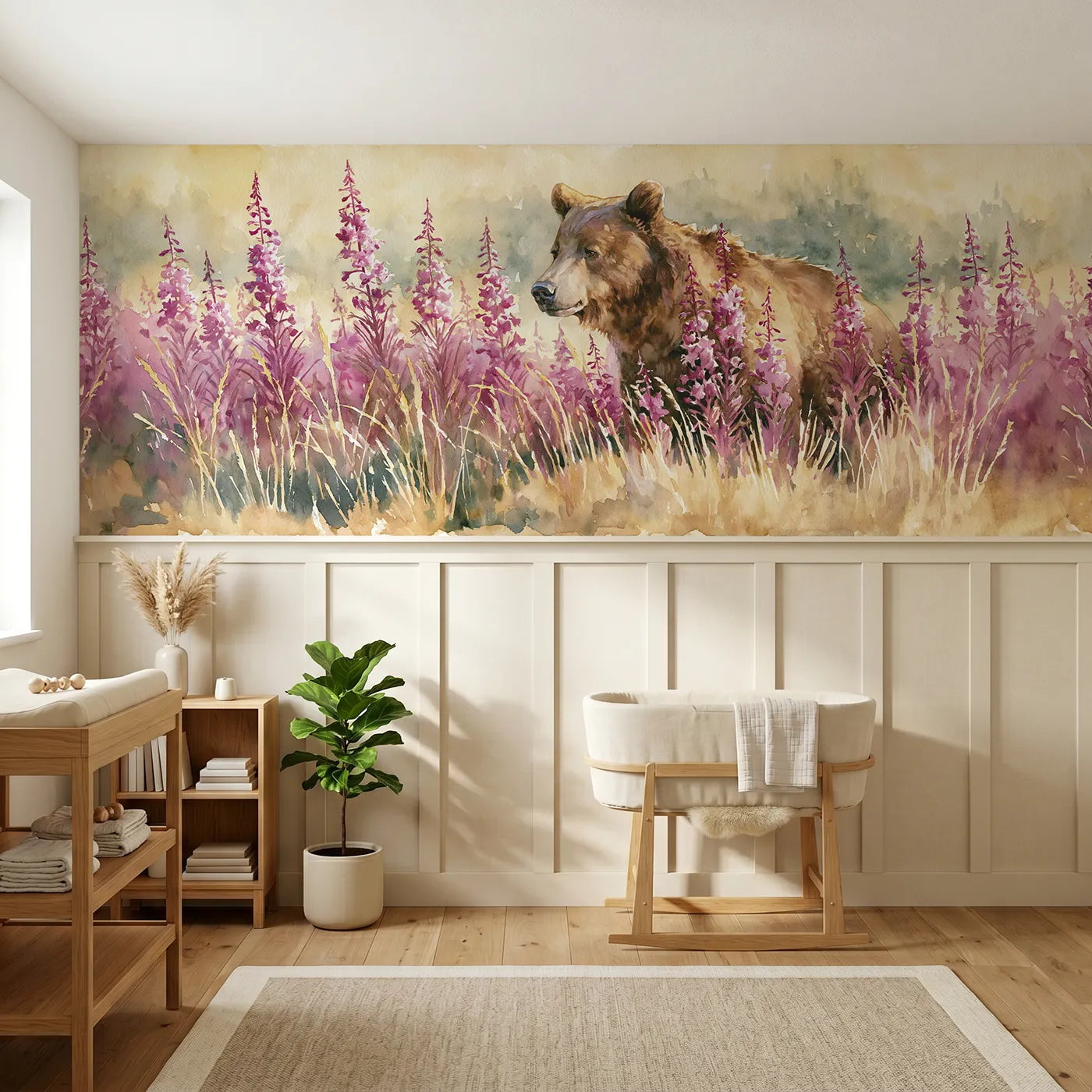 Watercolor wainscoting wallpaper of a bear among fireweed spires by Whimsy Tots