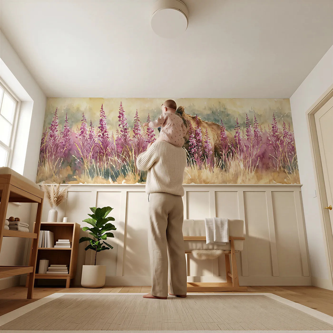 Child reading near Bear Among Fireweed Detail Wainscoting Wallpaper by Whimsy Tots