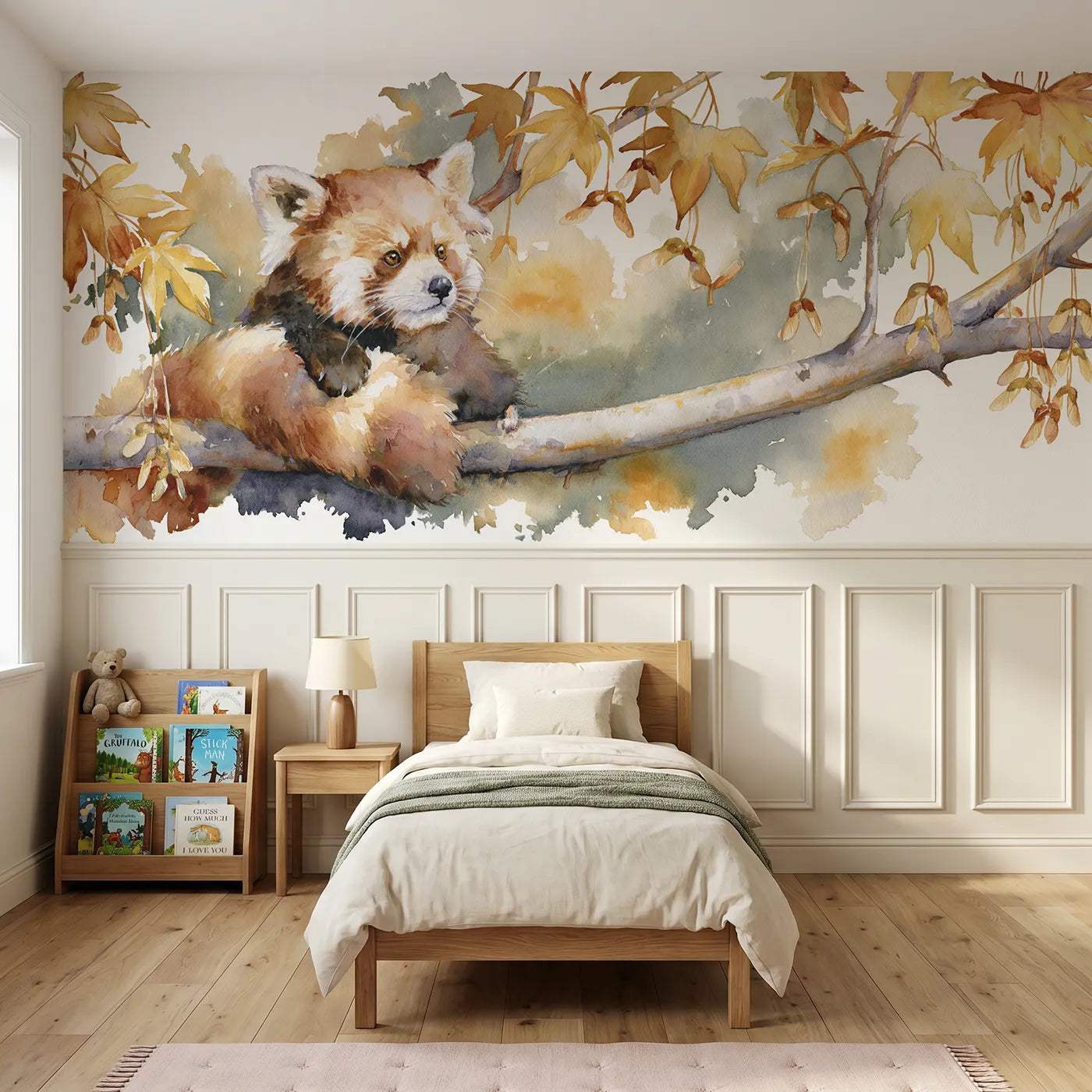 Watercolor wainscoting wallpaper of a red panda batting maple keys by Whimsy Tots