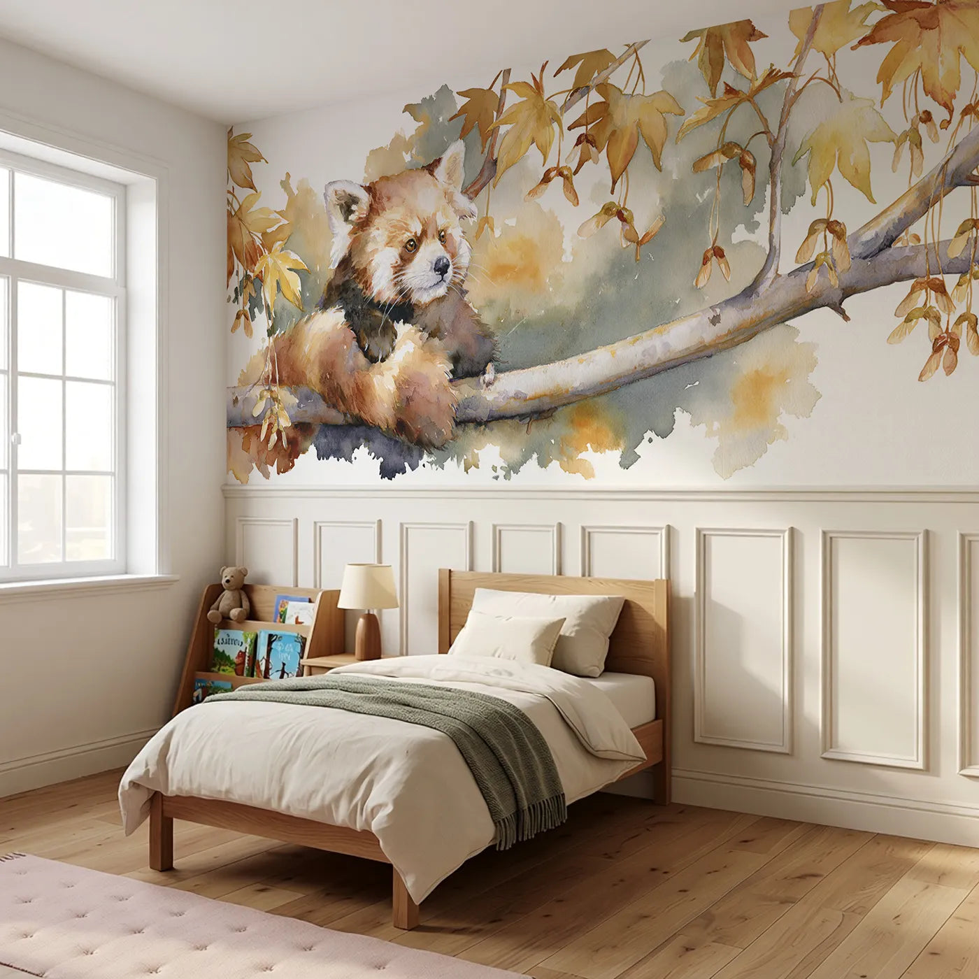 Red Panda Maple Keys Detail Wainscoting Wallpaper styled in a kids room by Whimsy Tots
