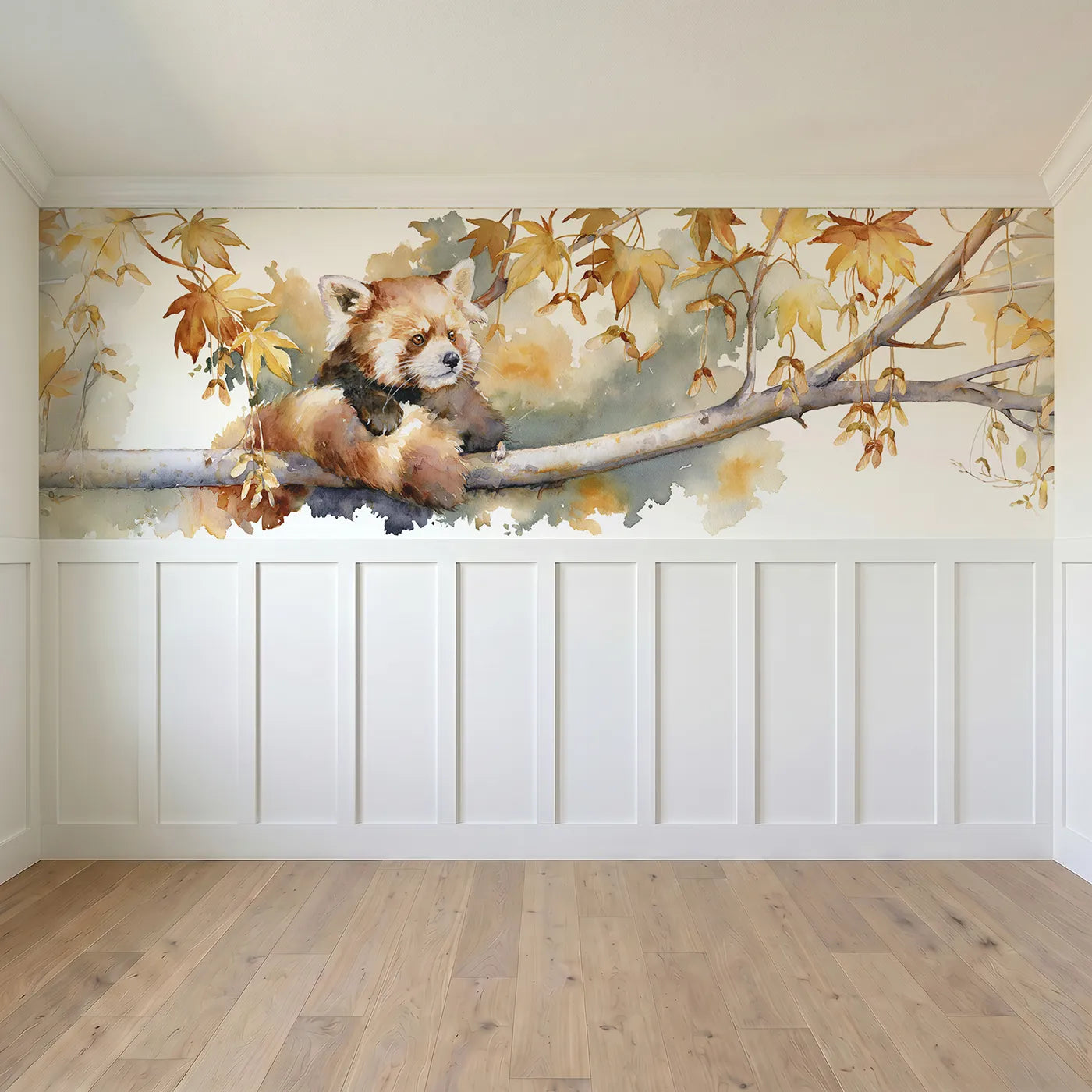 Full panel view of Red Panda Maple Keys Detail Wainscoting Wallpaper by Whimsy Tots
