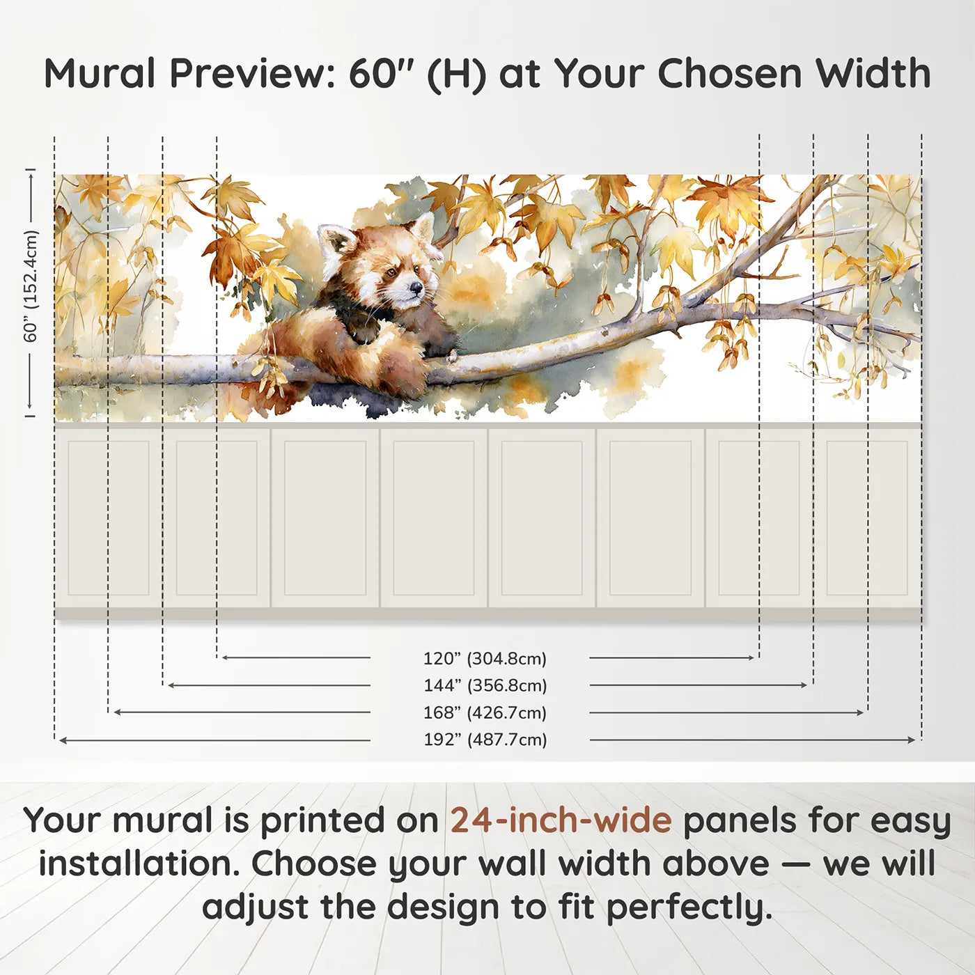 Panel dimensions for Red Panda Maple Keys Detail Wainscoting Wallpaper by Whimsy Tots