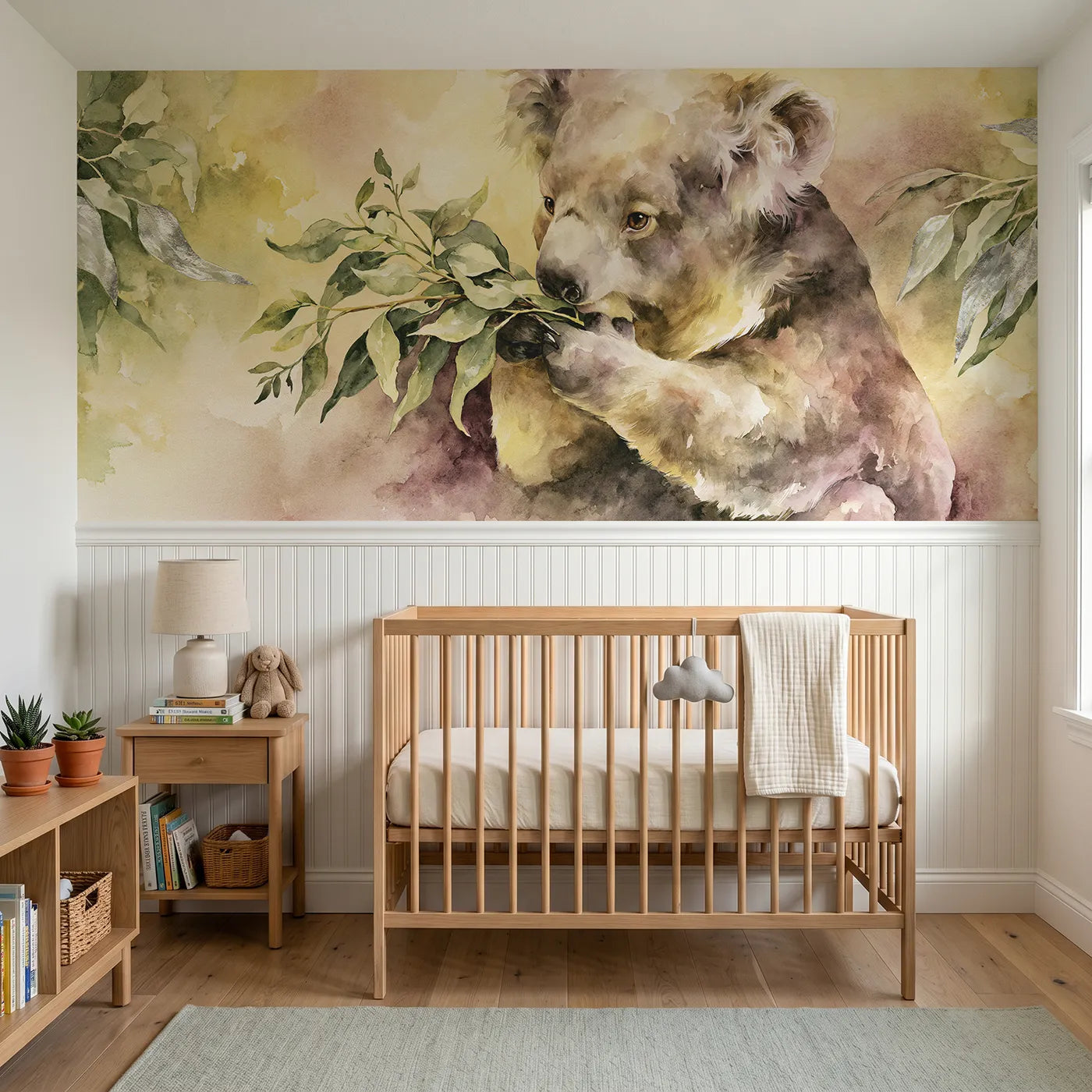 Watercolor wainscoting wallpaper of a koala eating a eucalyptus sprig by Whimsy Tots