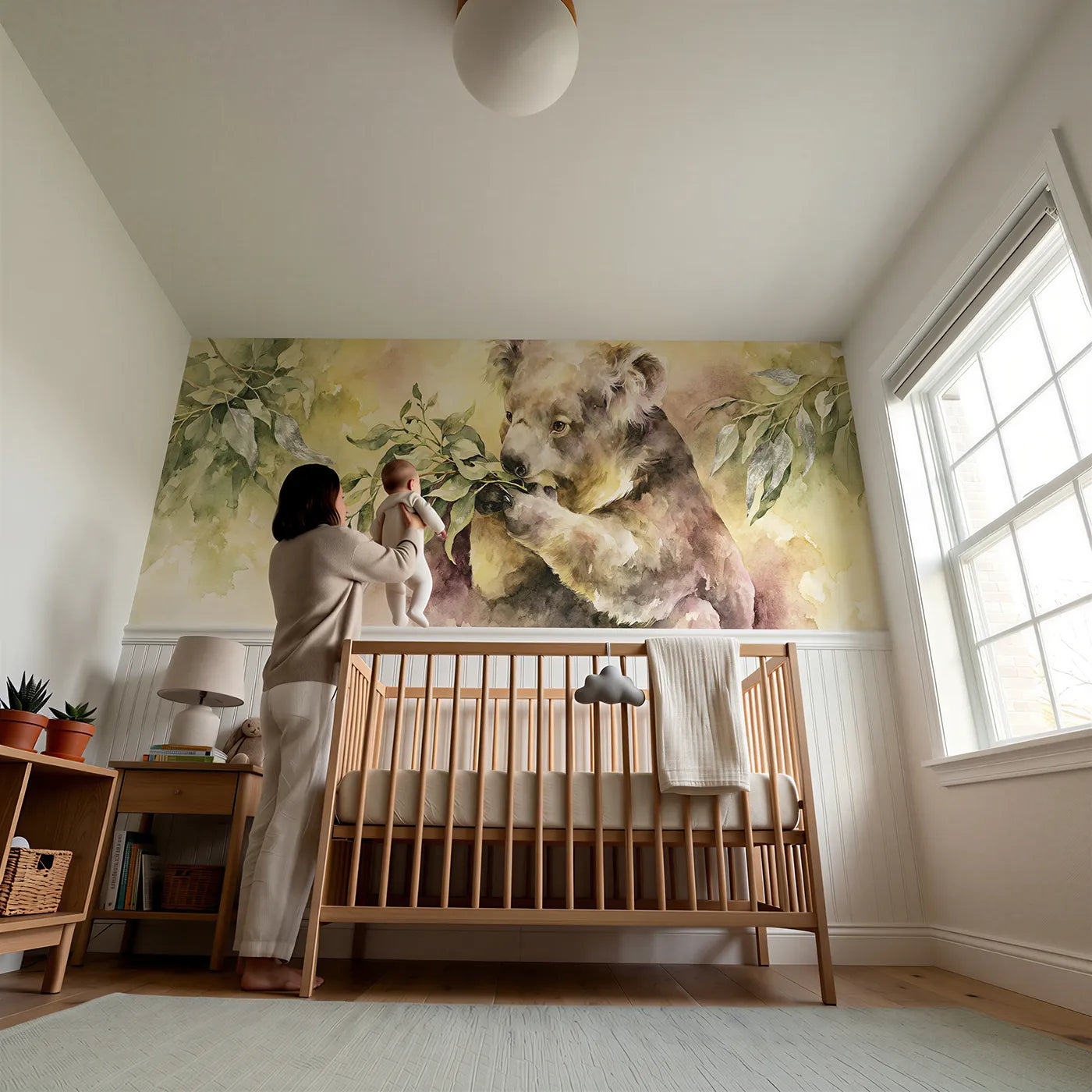 Child reading near Koala Eucalyptus Detail Snack Wainscoting Wallpaper by Whimsy Tots