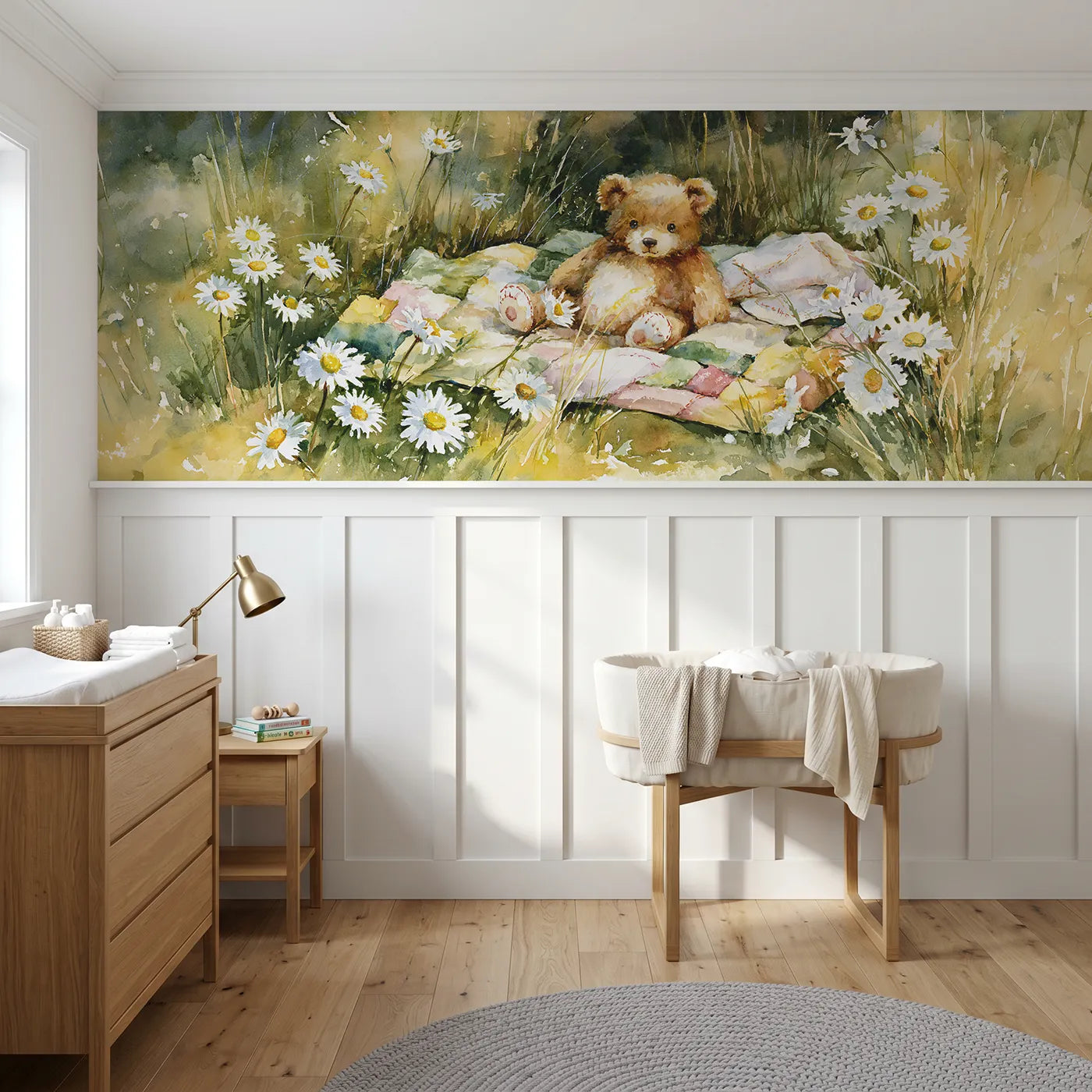 Watercolor wainscoting wallpaper of a teddy on a quilt among daisies by Whimsy Tots