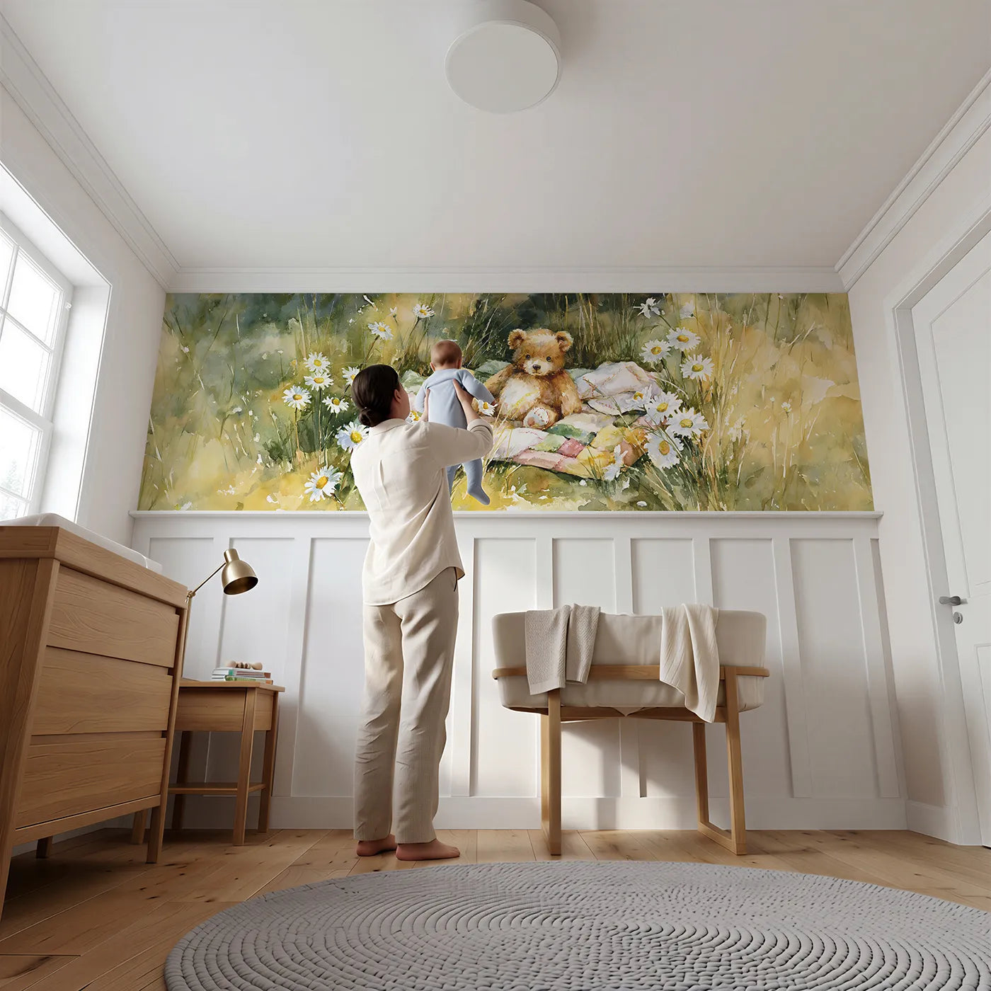 Child reading near Teddy Quilt Garden Detail Wainscoting Wallpaper by Whimsy Tots